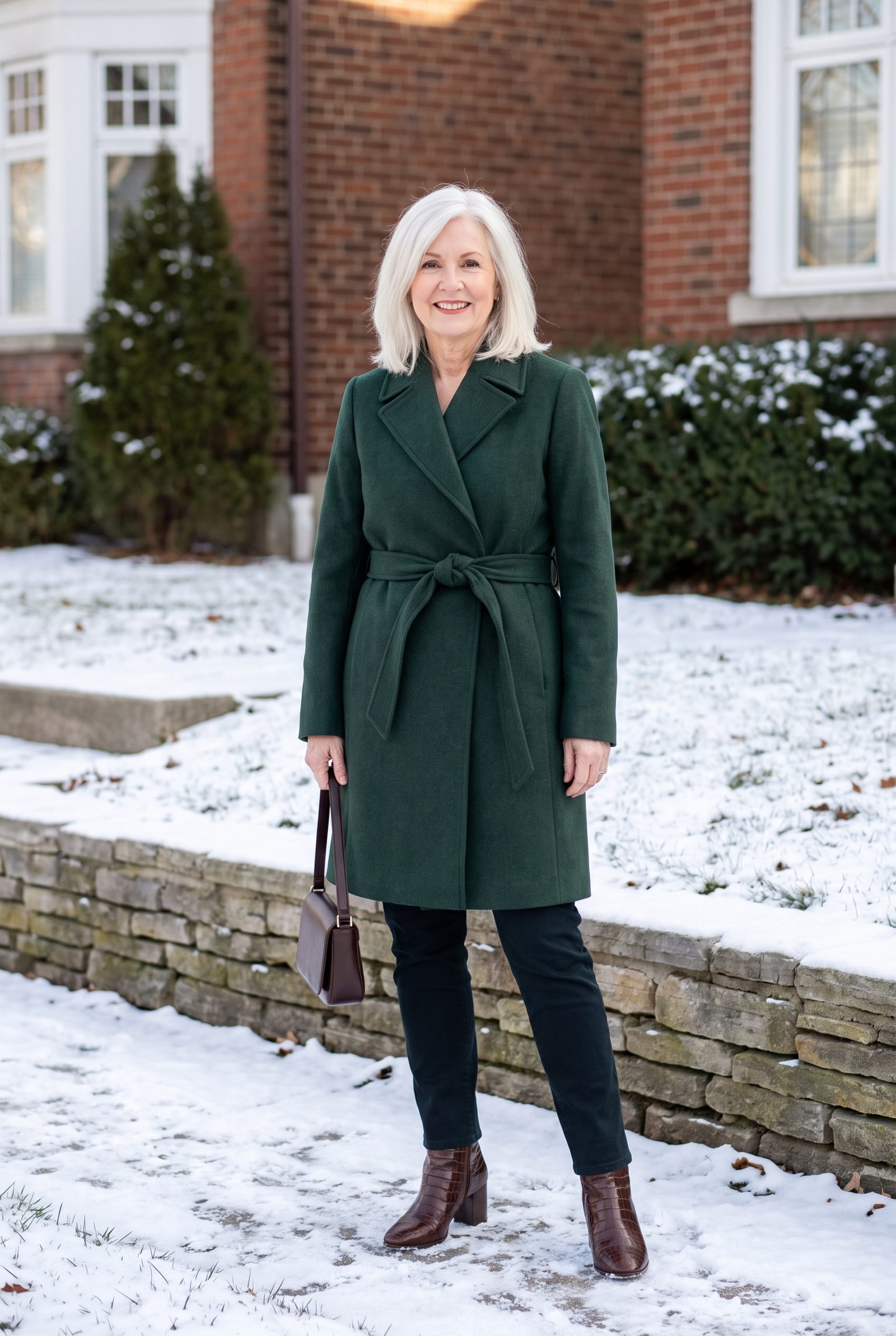 Forest-Green Wrap Coat + Chocolate Croc-Embossed Boots