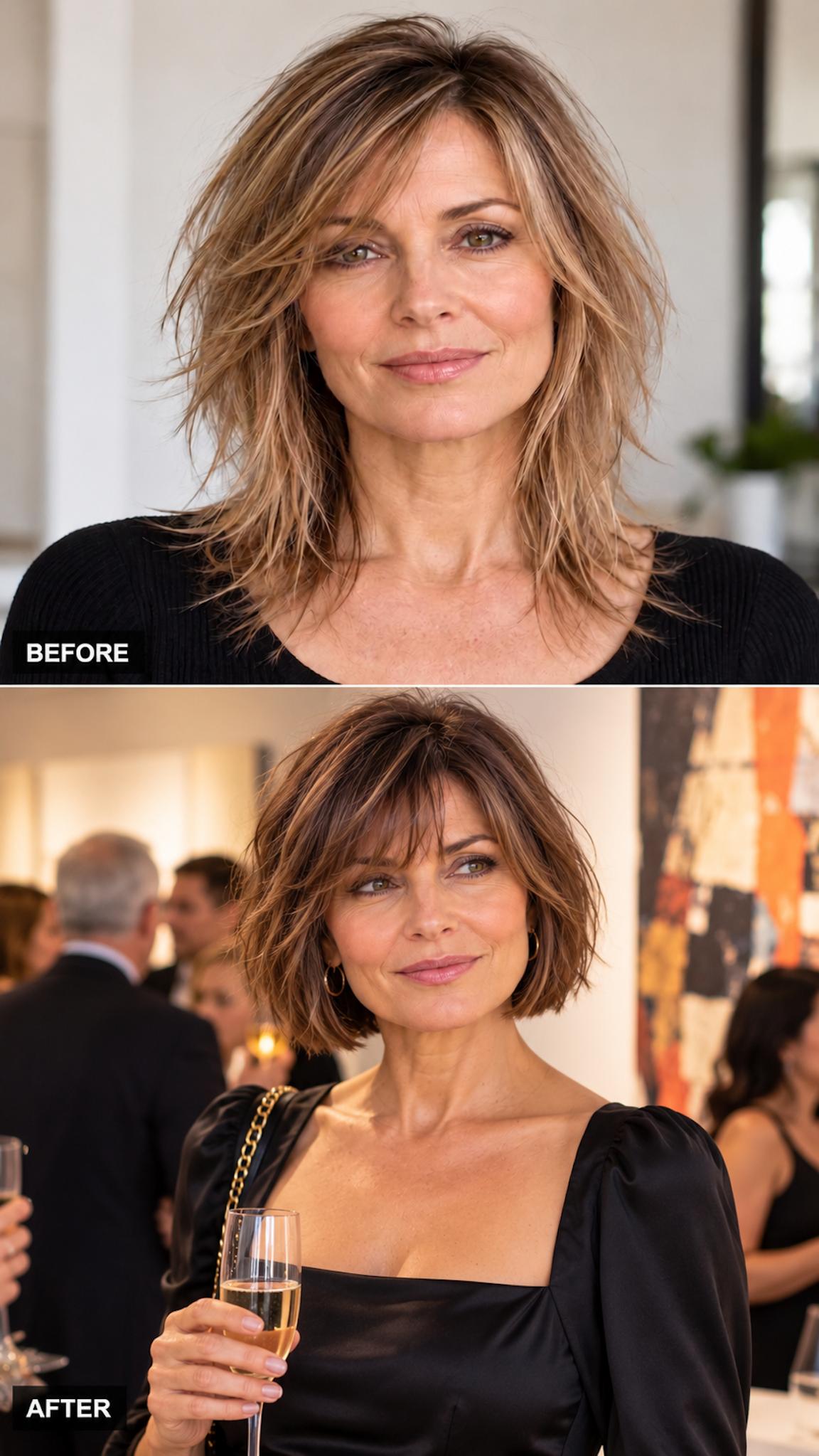 Fine hair transformed from wispy shoulder-length layers into a chin-length French bob with full fringe