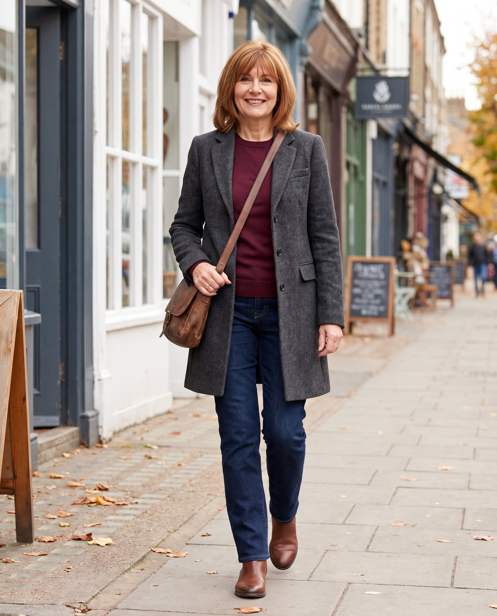 Woman in straight jeans, a fine knit and ankle boots