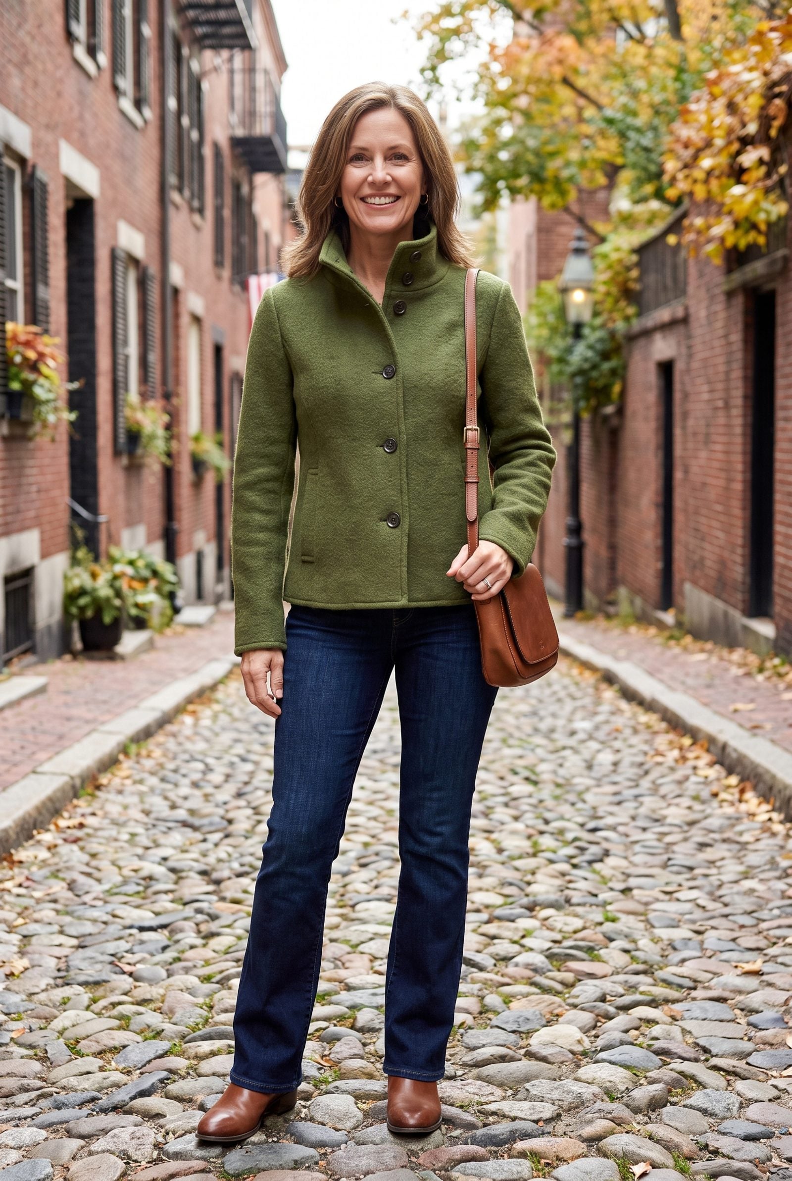 Funnel-Neck Wool Jacket With Dark Bootcut Jeans