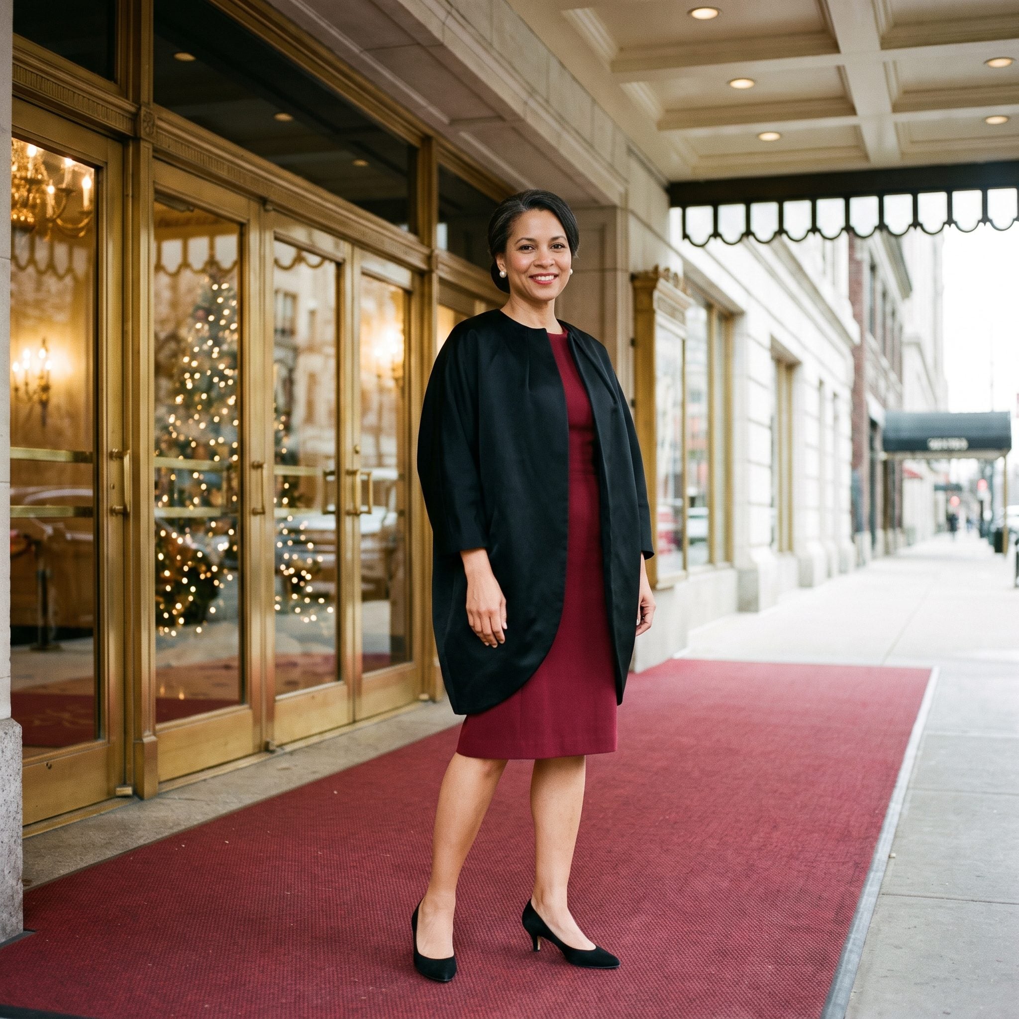 Garnet Dress Under a Black Cocoon Jacket