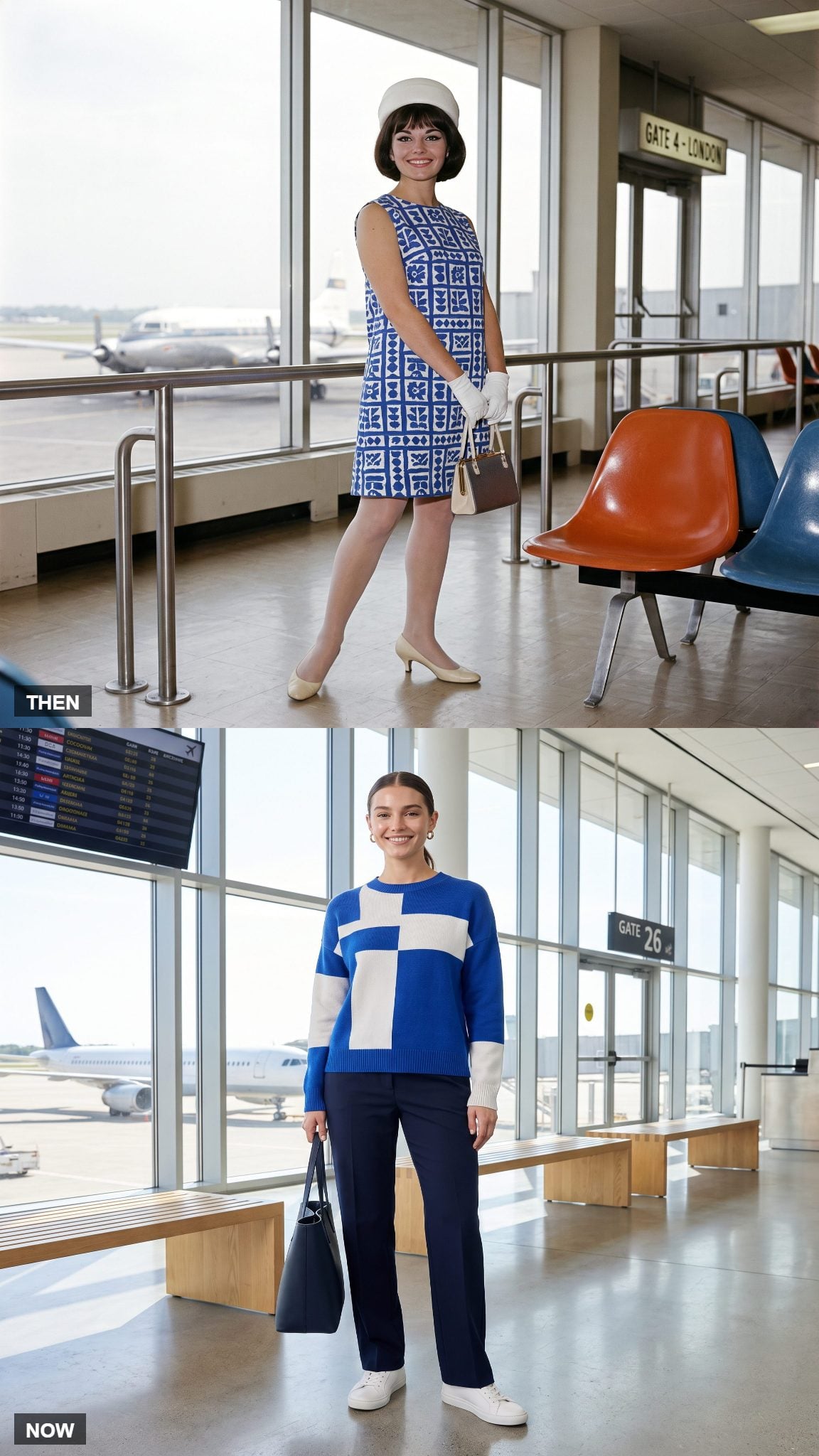 Vintage cobalt-and-white geometric shift dress compared with a modern graphic sweater outfit