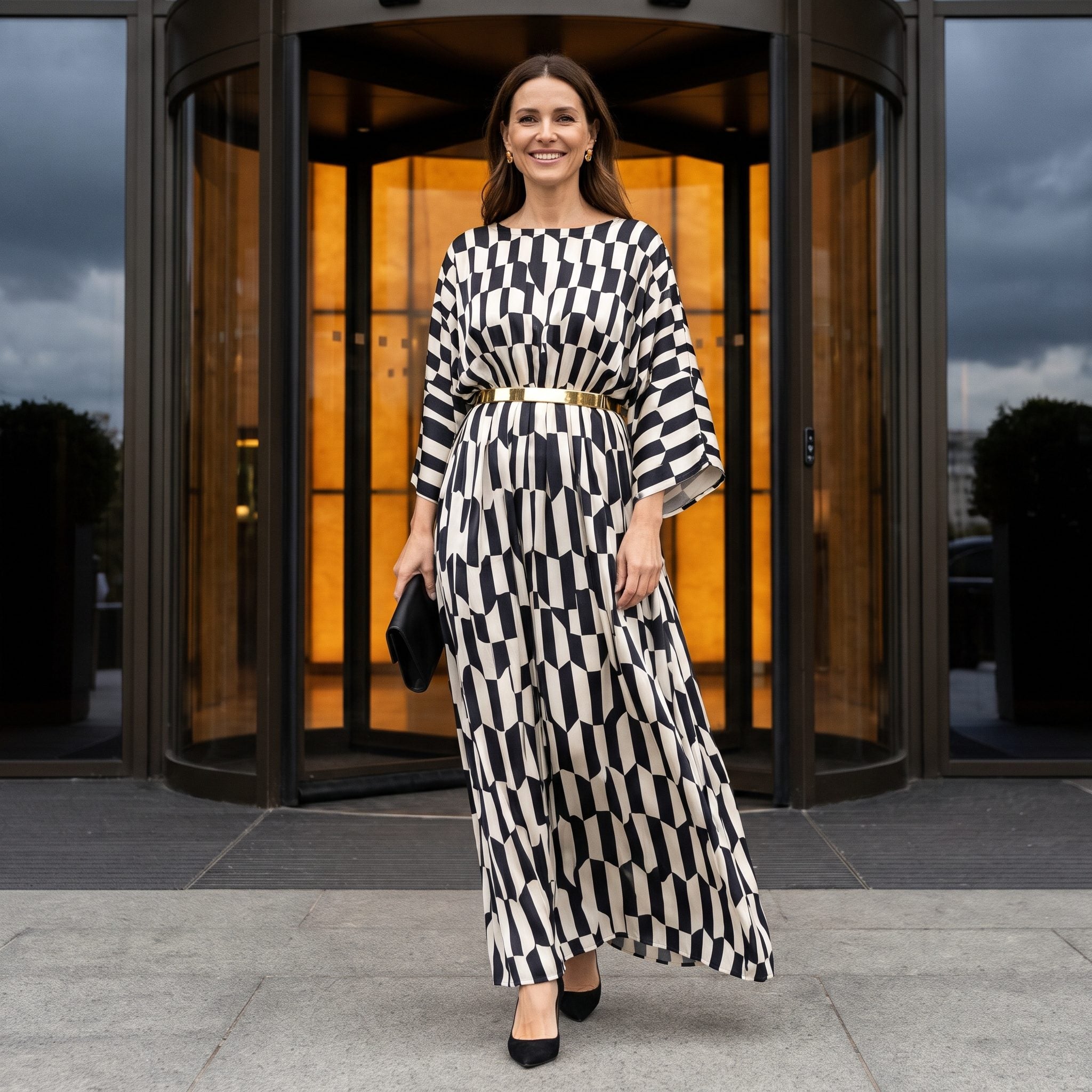 Black-and-ivory printed evening dress with a narrow gold empire belt