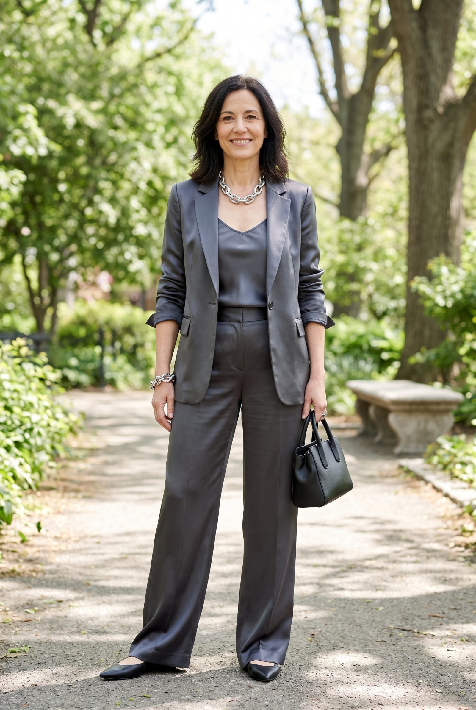 Graphite Satin Suit With Chunky Silver Links