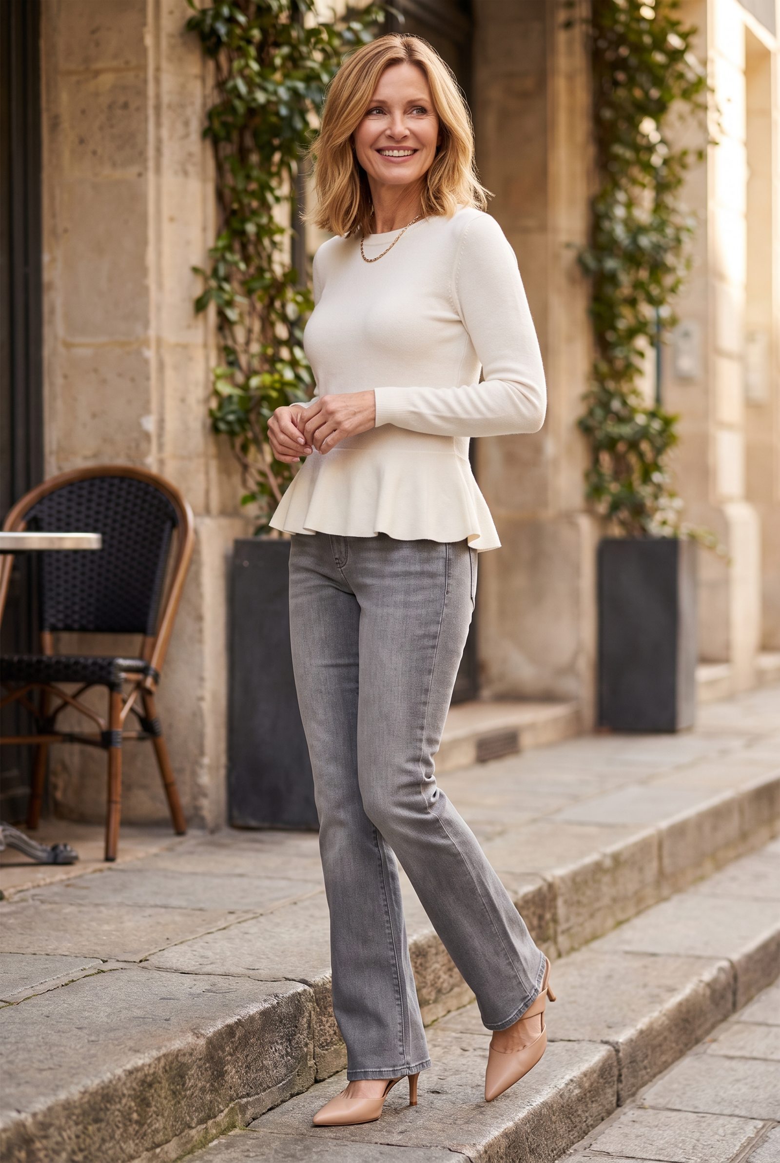Gray Bootcut Jeans + Ivory Peplum Sweater