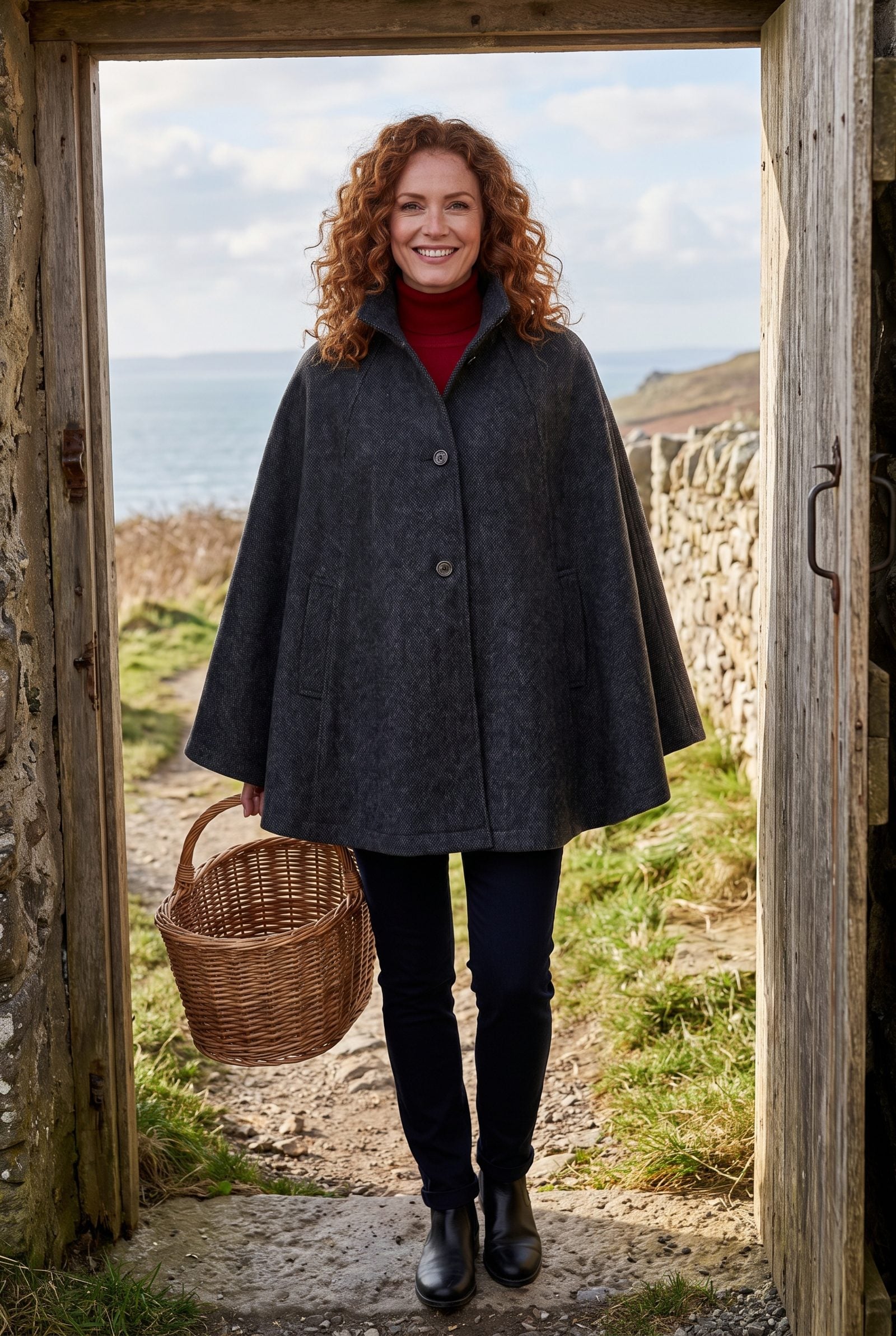 Gray Cape With a Red Turtleneck Peeking Through
