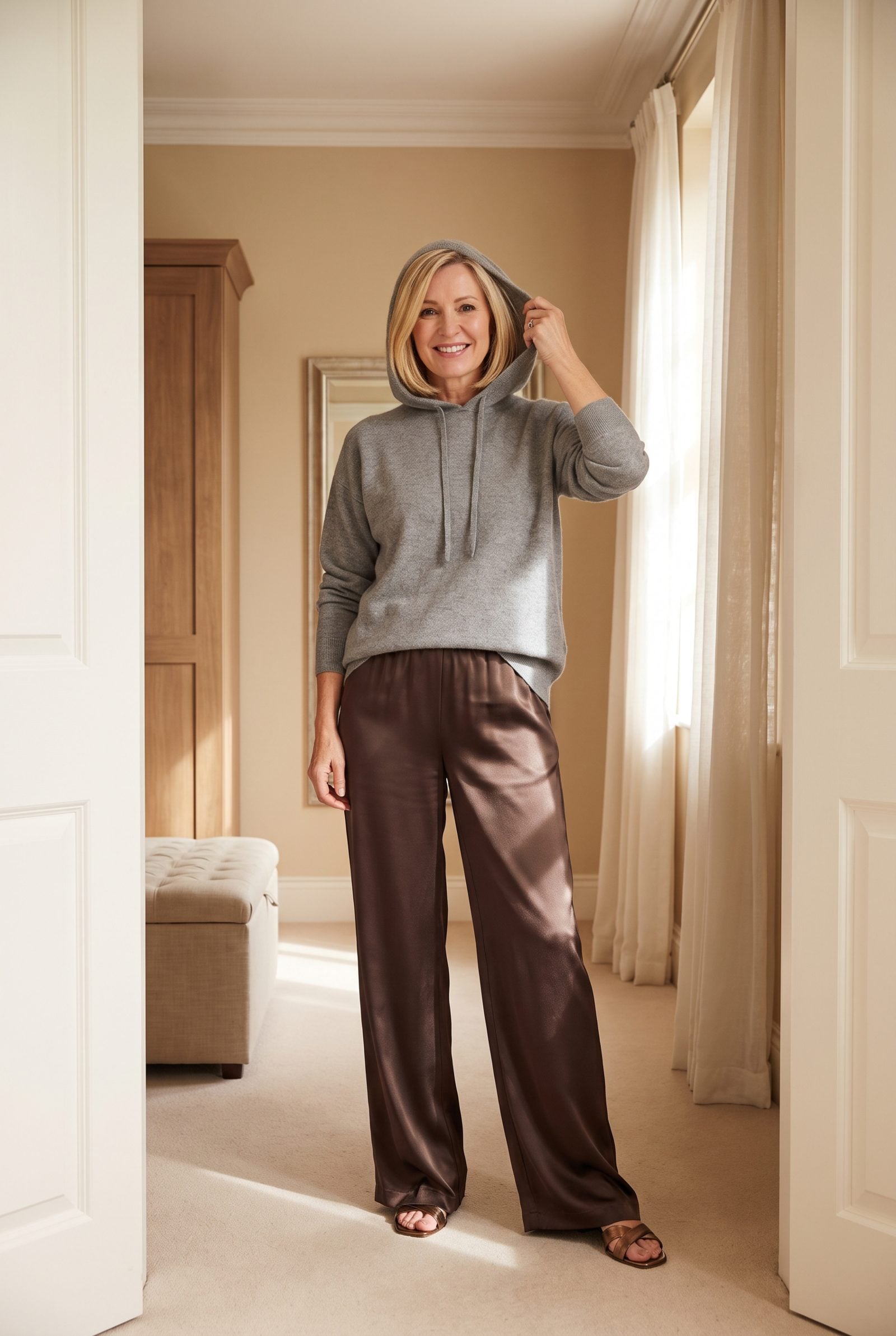 Gray Cashmere Hoodie + Espresso Satin Trousers