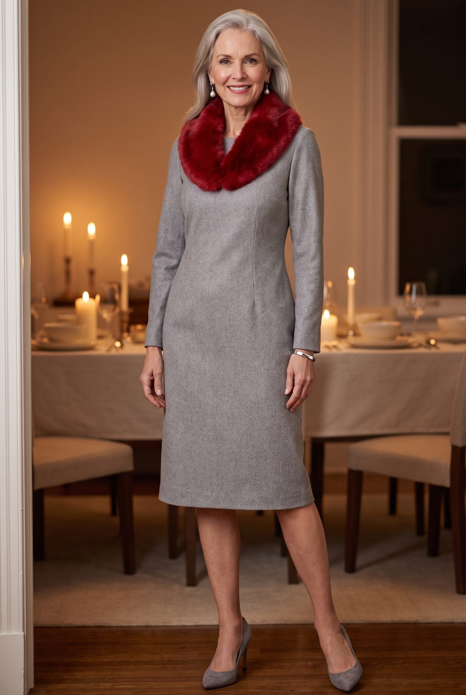 Gray Dress With a Detachable Red Faux-Fur Collar