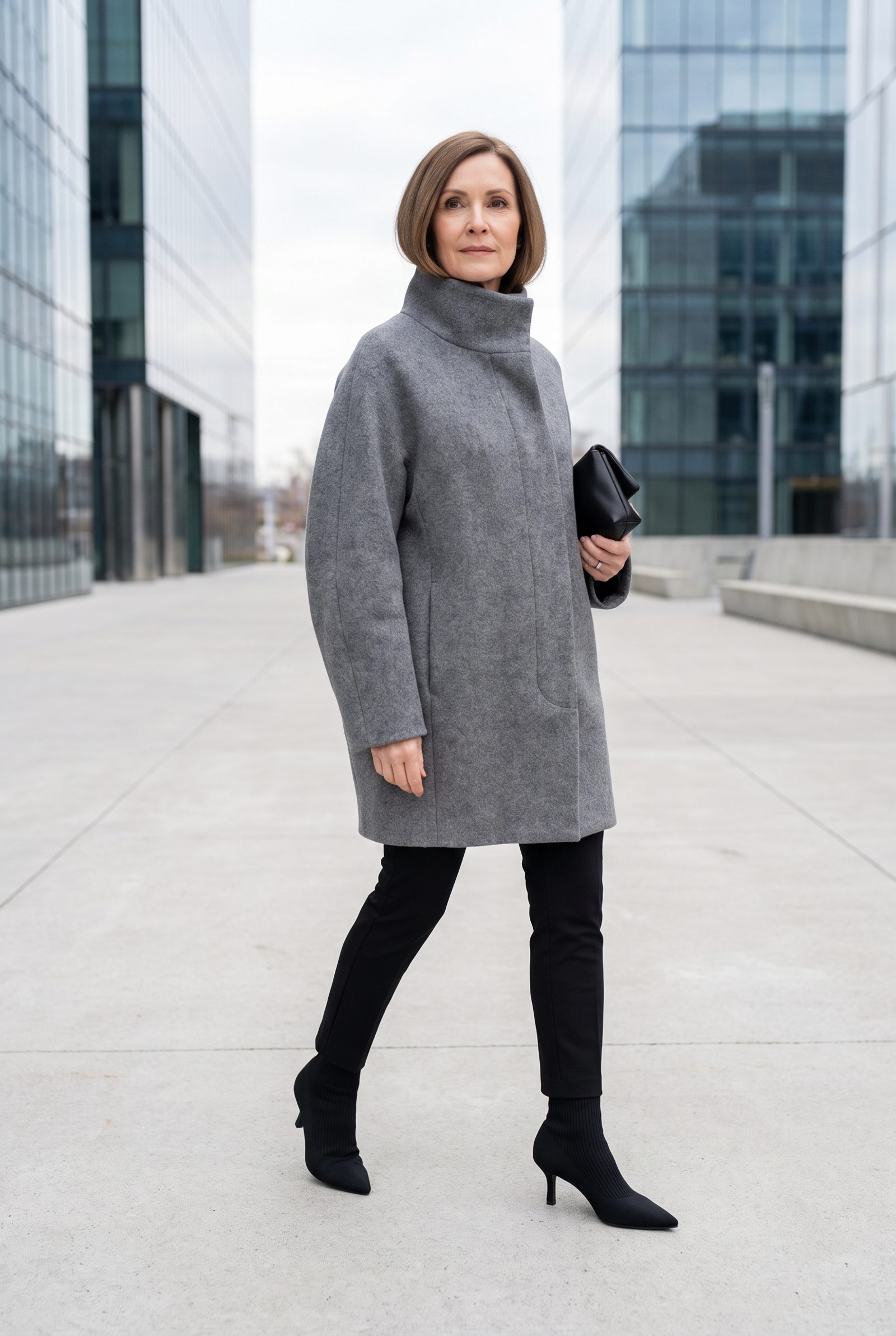 Gray Funnel-Neck Coat + Black Sock Boots