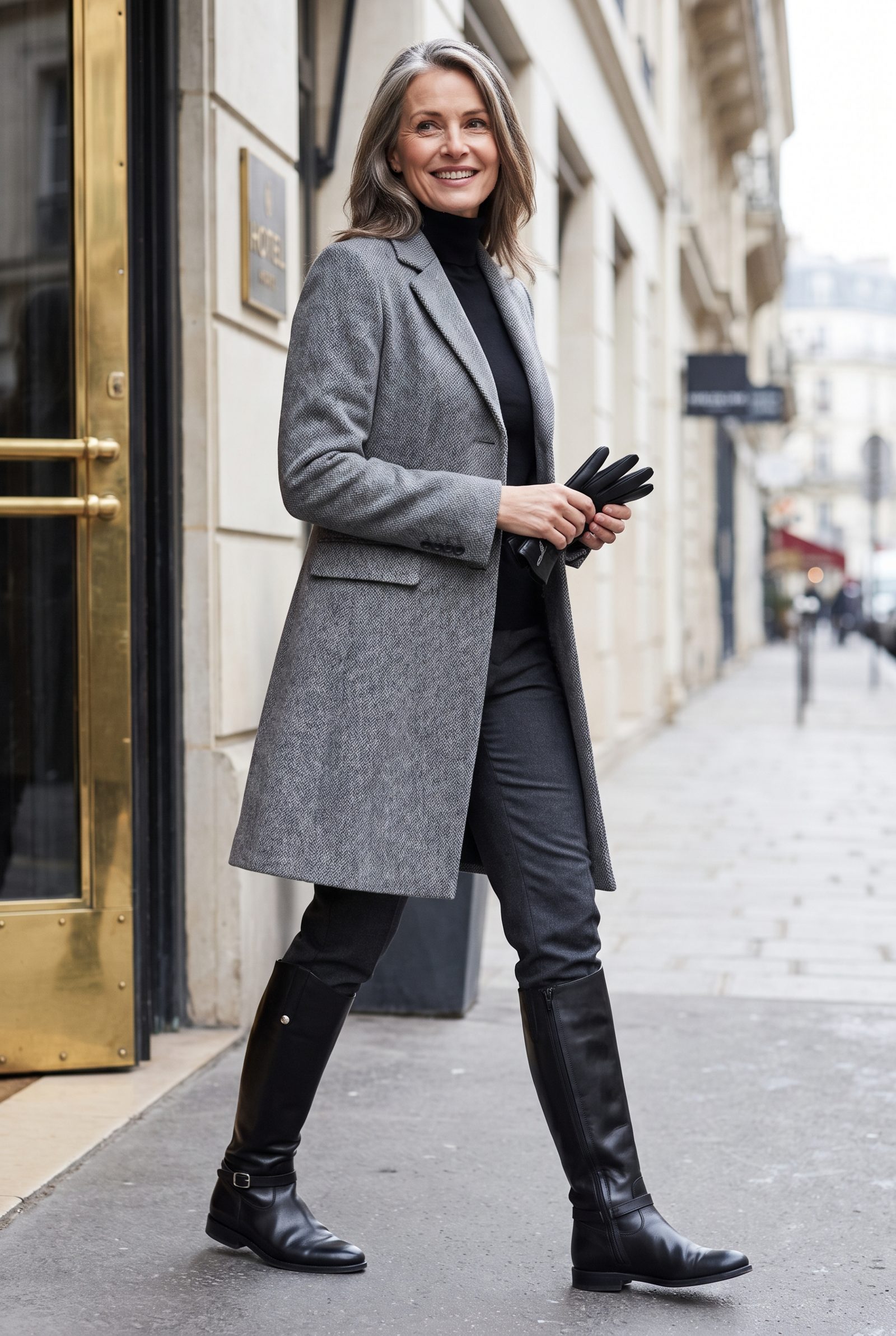 Gray Herringbone Coat + Black Equestrian Boots