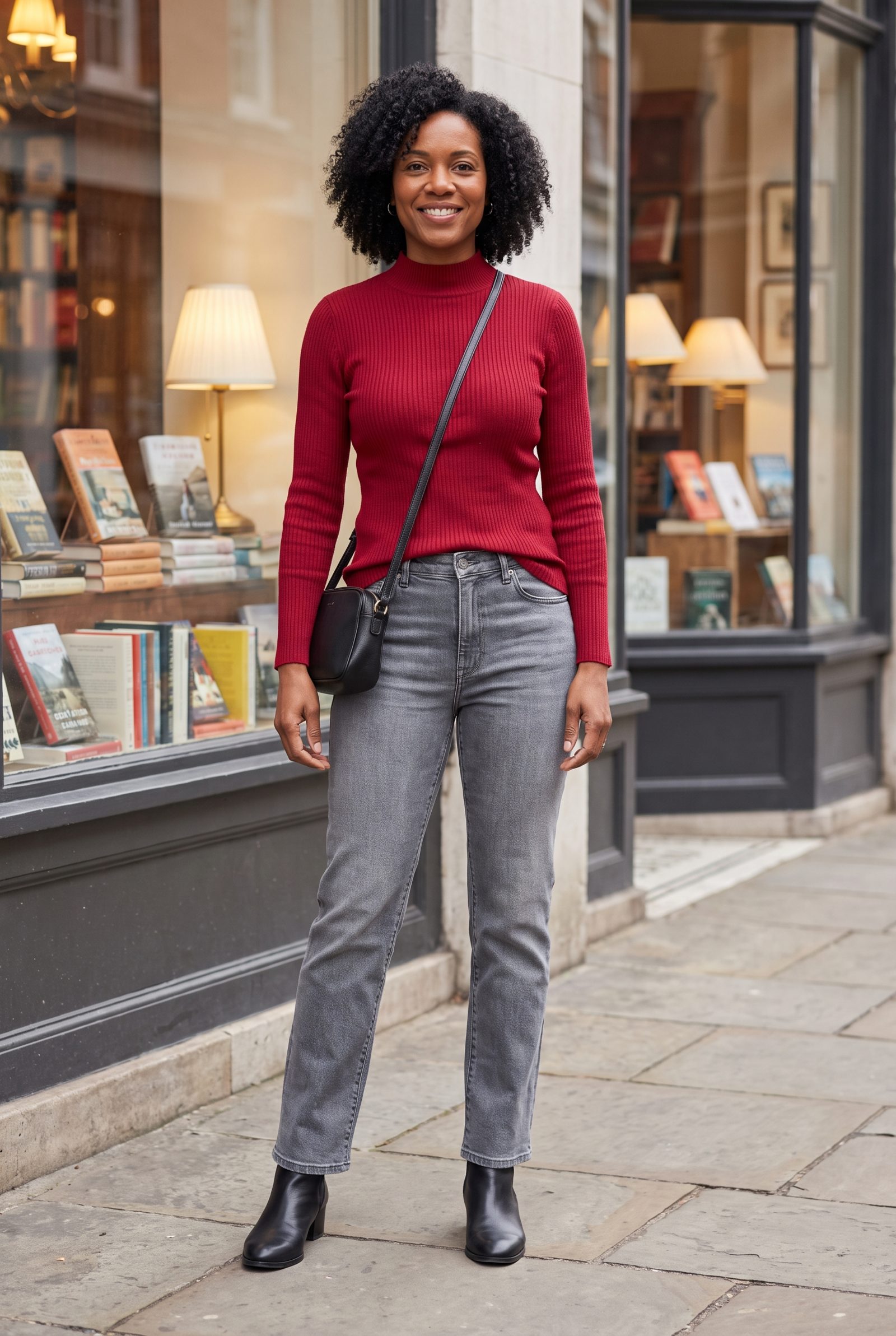 Gray Straight Jeans + Cherry-Red Mock Neck