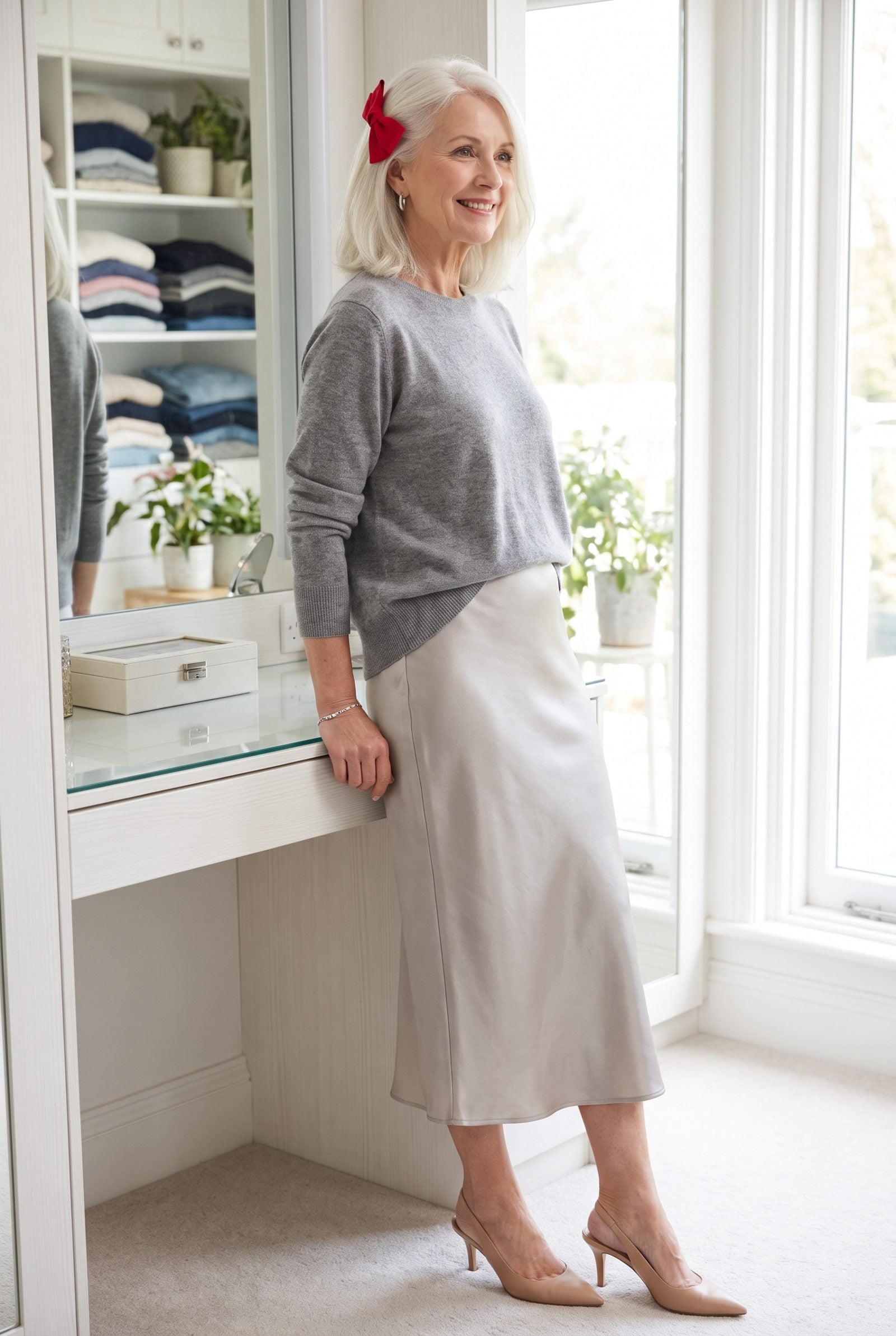 Gray Sweater, Satin Skirt, and a Red Bow Barrette