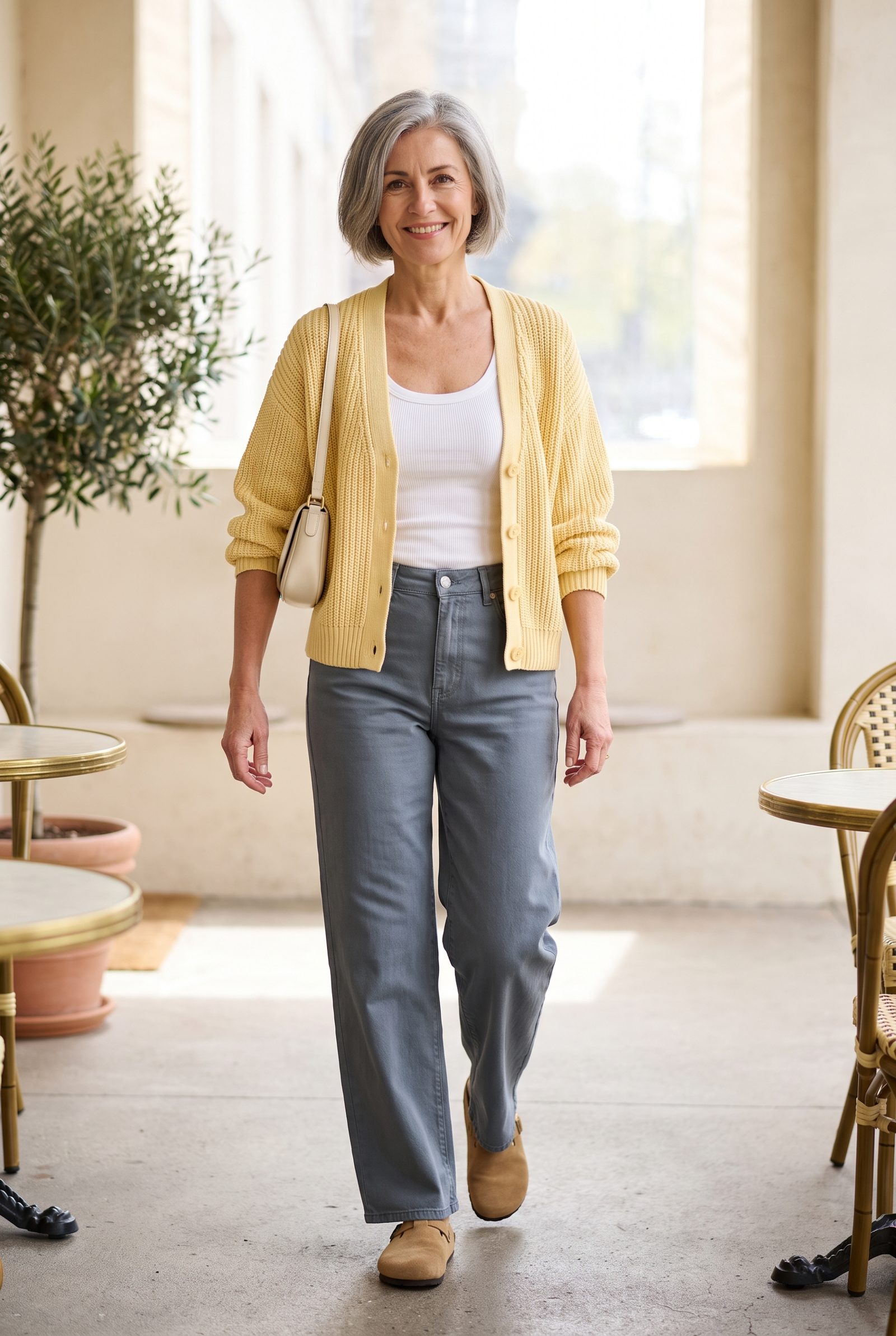 Gray Wide-Leg Jeans + Butter-Yellow Cardigan