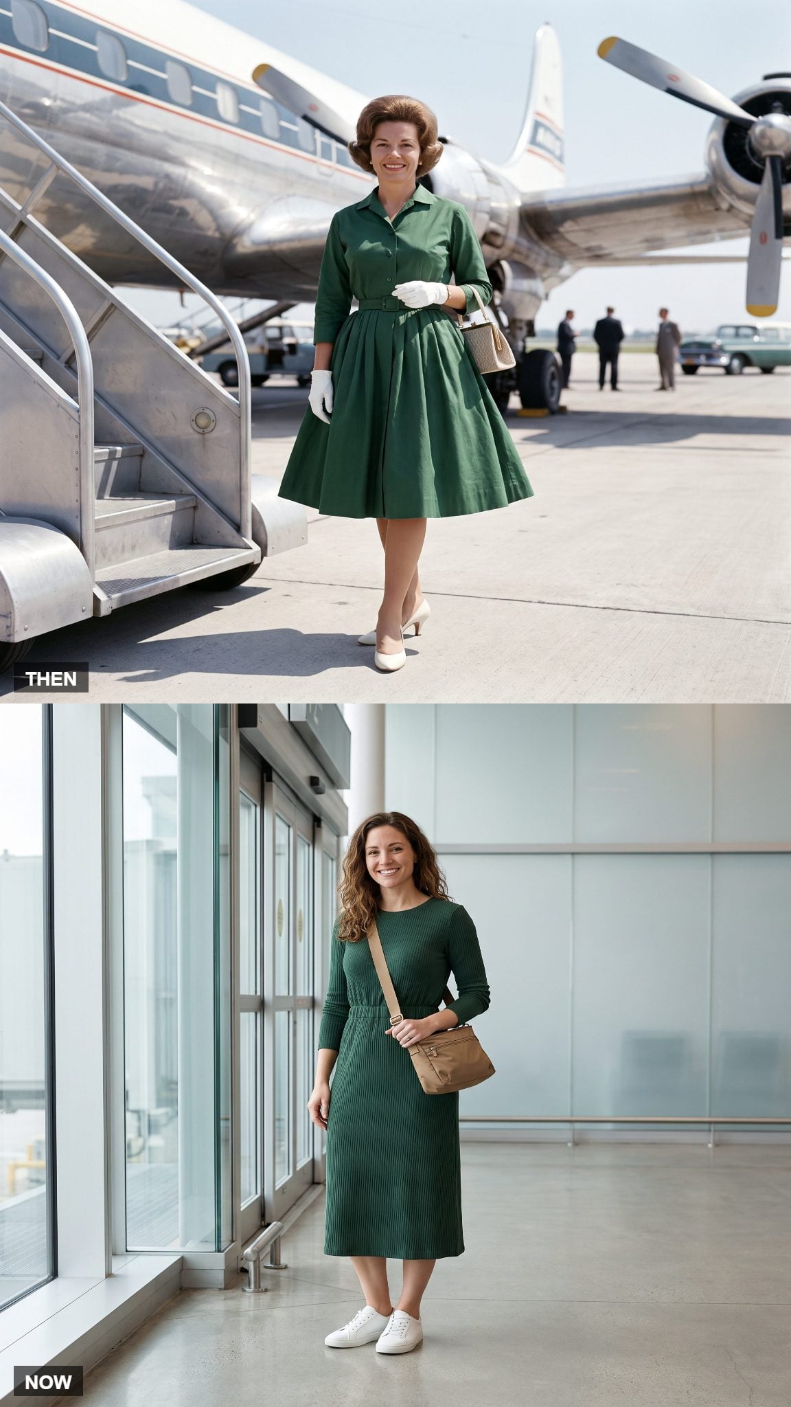 Vintage forest-green shirtwaist dress compared with a modern green knit midi dress