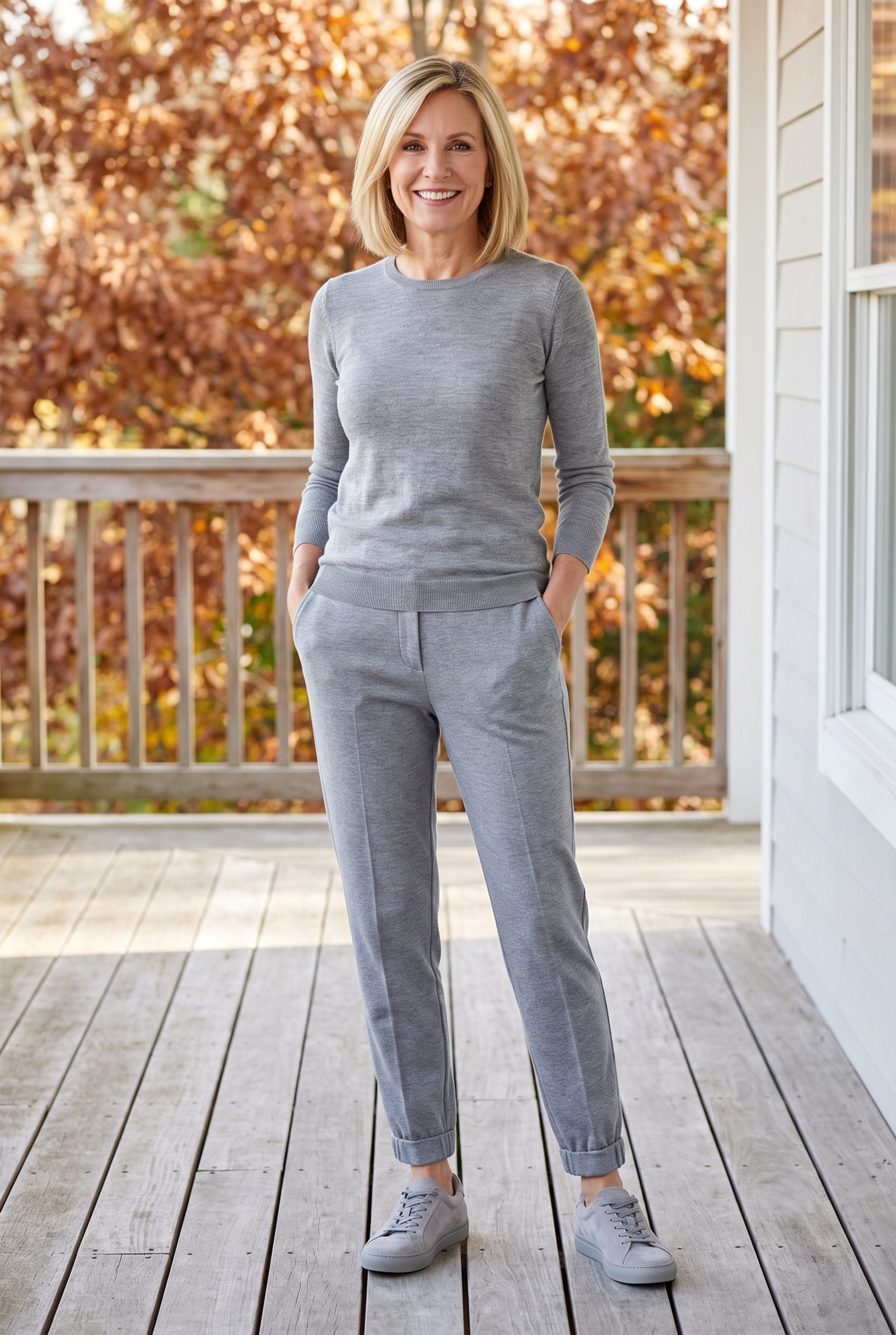 Grey Jogger Trousers With Tonal Suede Sneakers