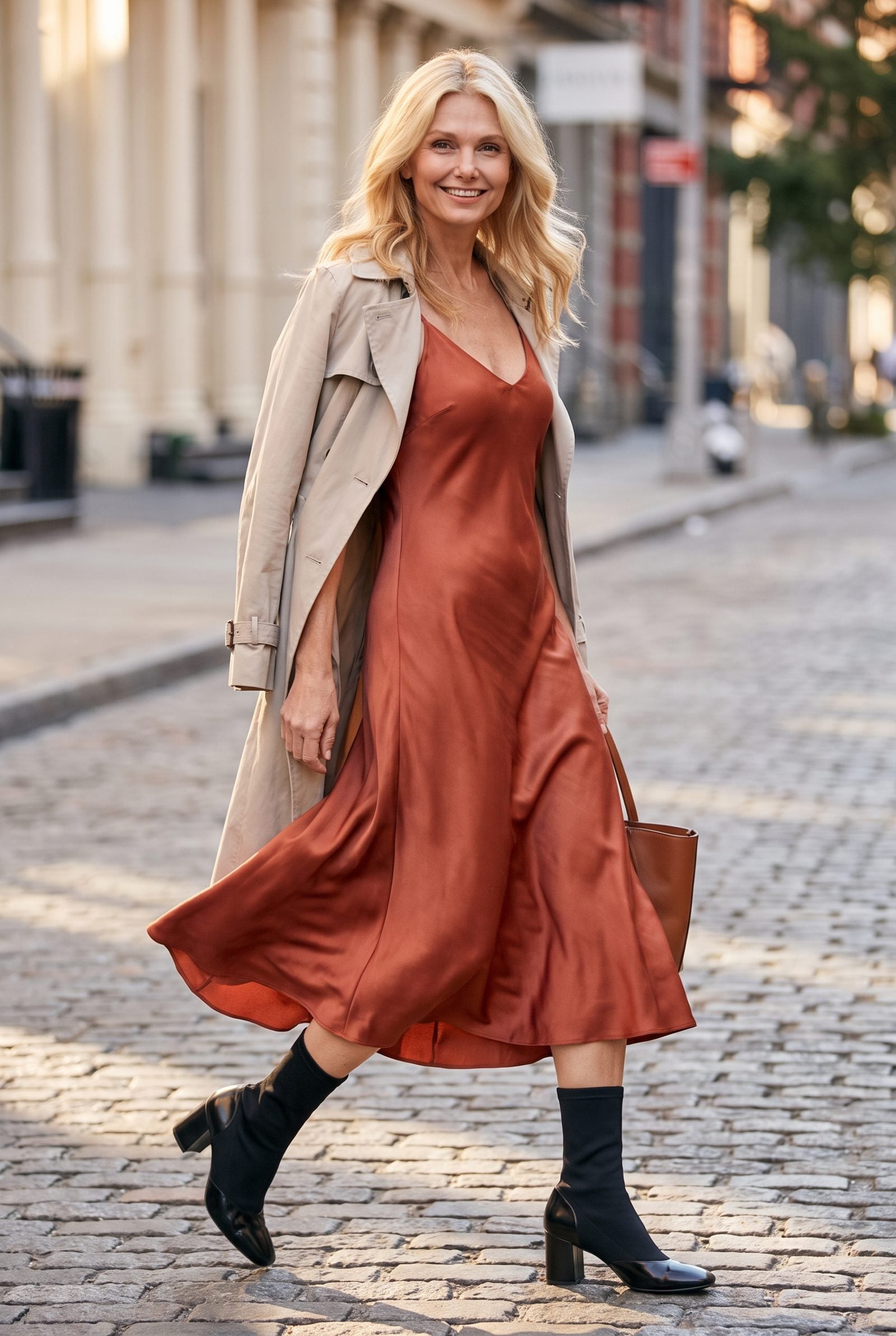 Grounding a Fluid Bias-Cut Dress With Sock Boots