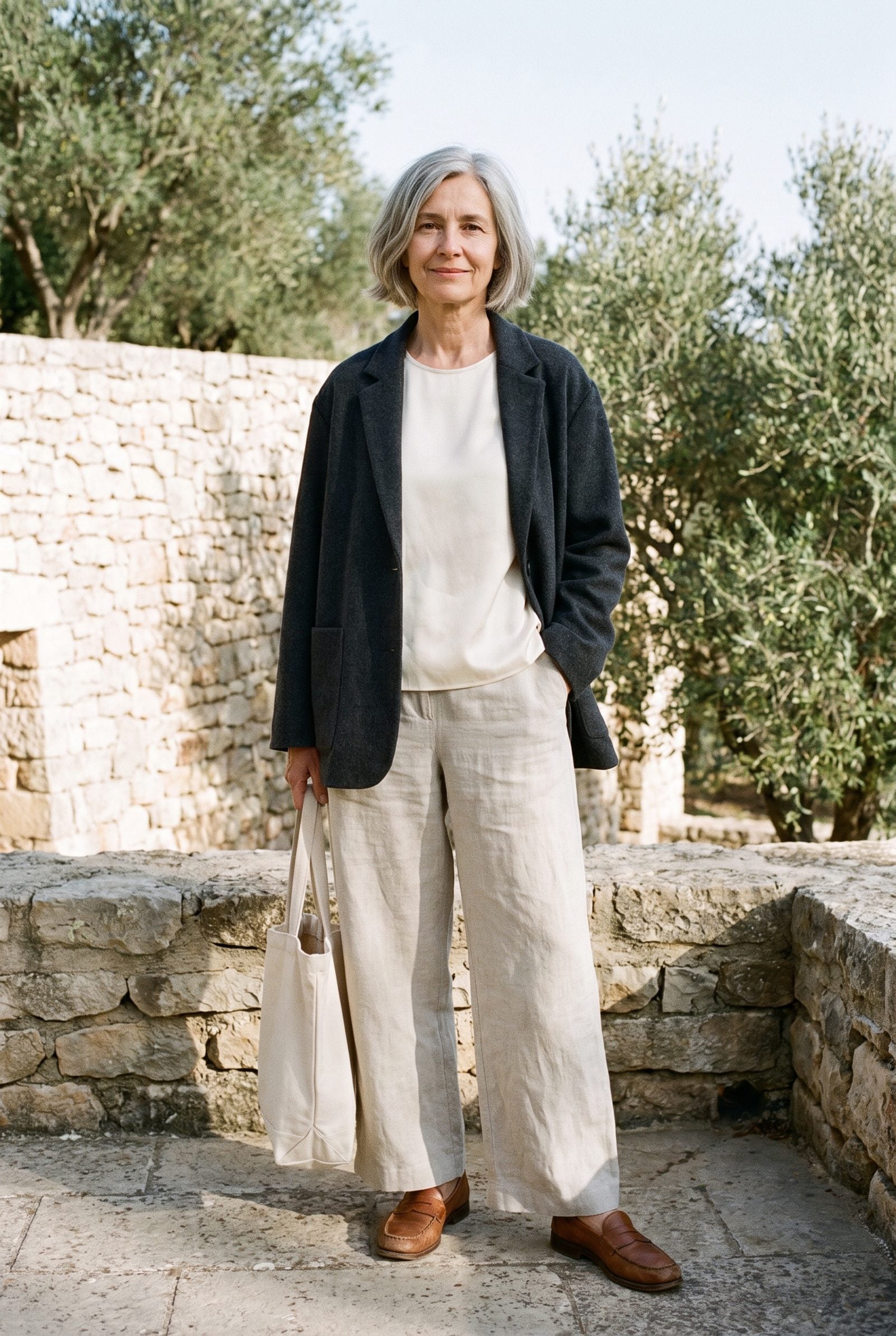 Woman aged 60 to 68 on a tree-lined street with a simple collarbone-length salt-and-pepper cut and a gray cardigan.