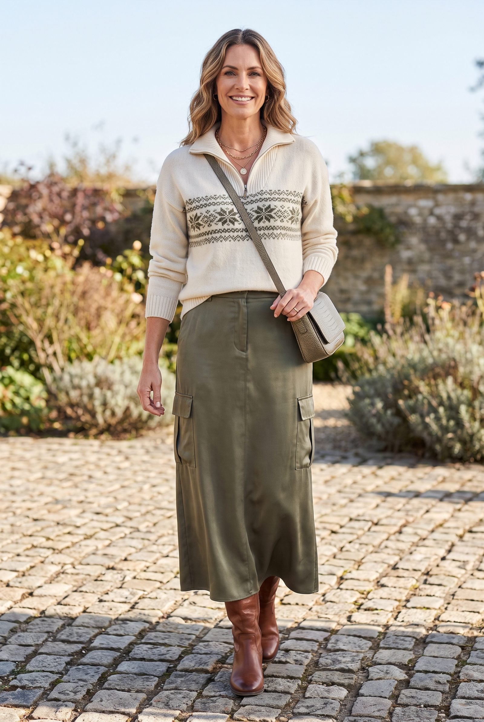 Half-Zip Christmas Knit With a Satin Cargo Skirt