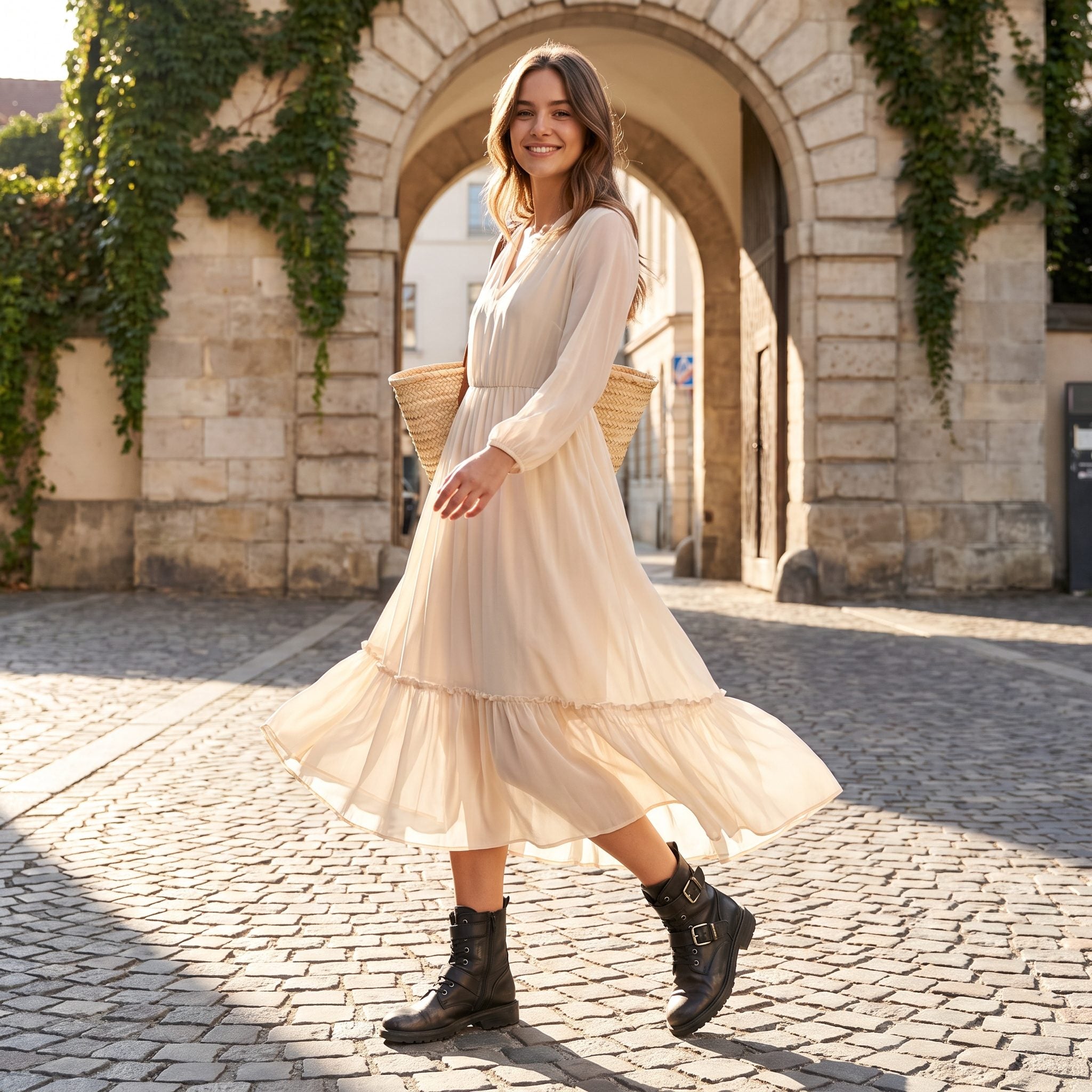 Heavy Combat Boots Under the Floatiest Dress You Owned