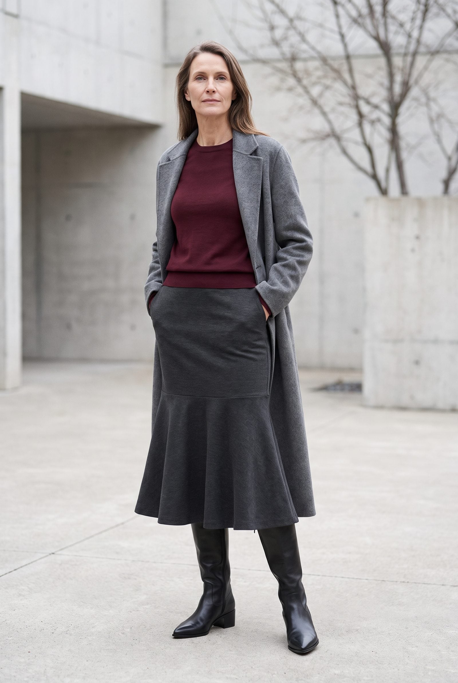 Heavy Jersey Trumpet Skirt With Pointed Knee Boots