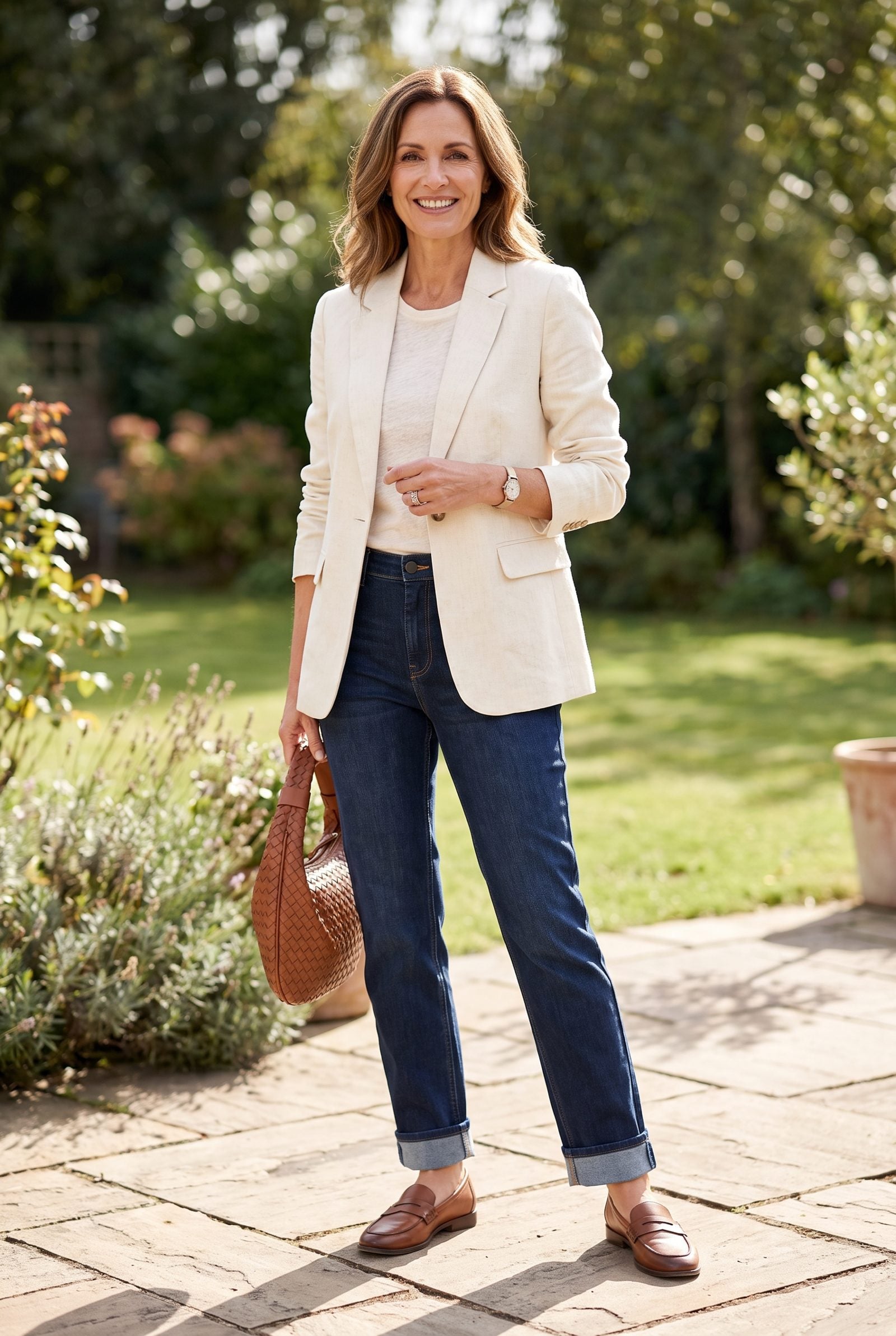 Lower legs of a woman on a garden path wearing cropped straight-leg jeans with a raw frayed hem above the ankle and tan