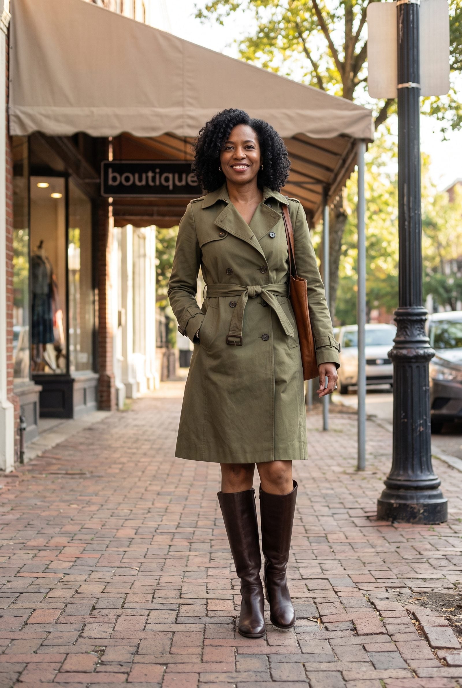 Woman in a mid-calf olive belted trench coat standing on a brick sidewalk in boots.