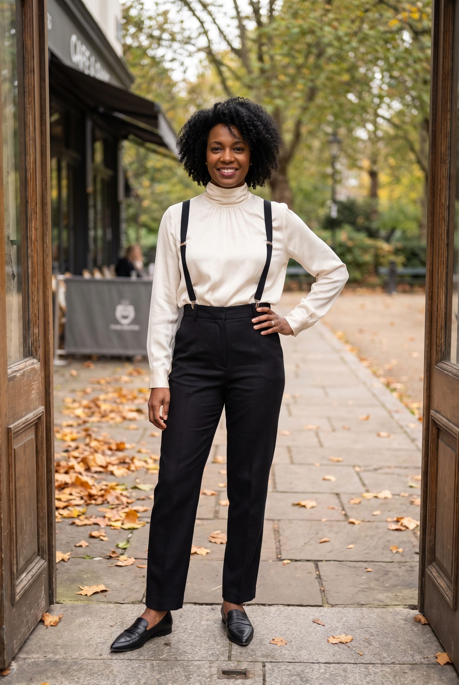 High-Neck Blouse with Suspender-Style Tailored Trousers