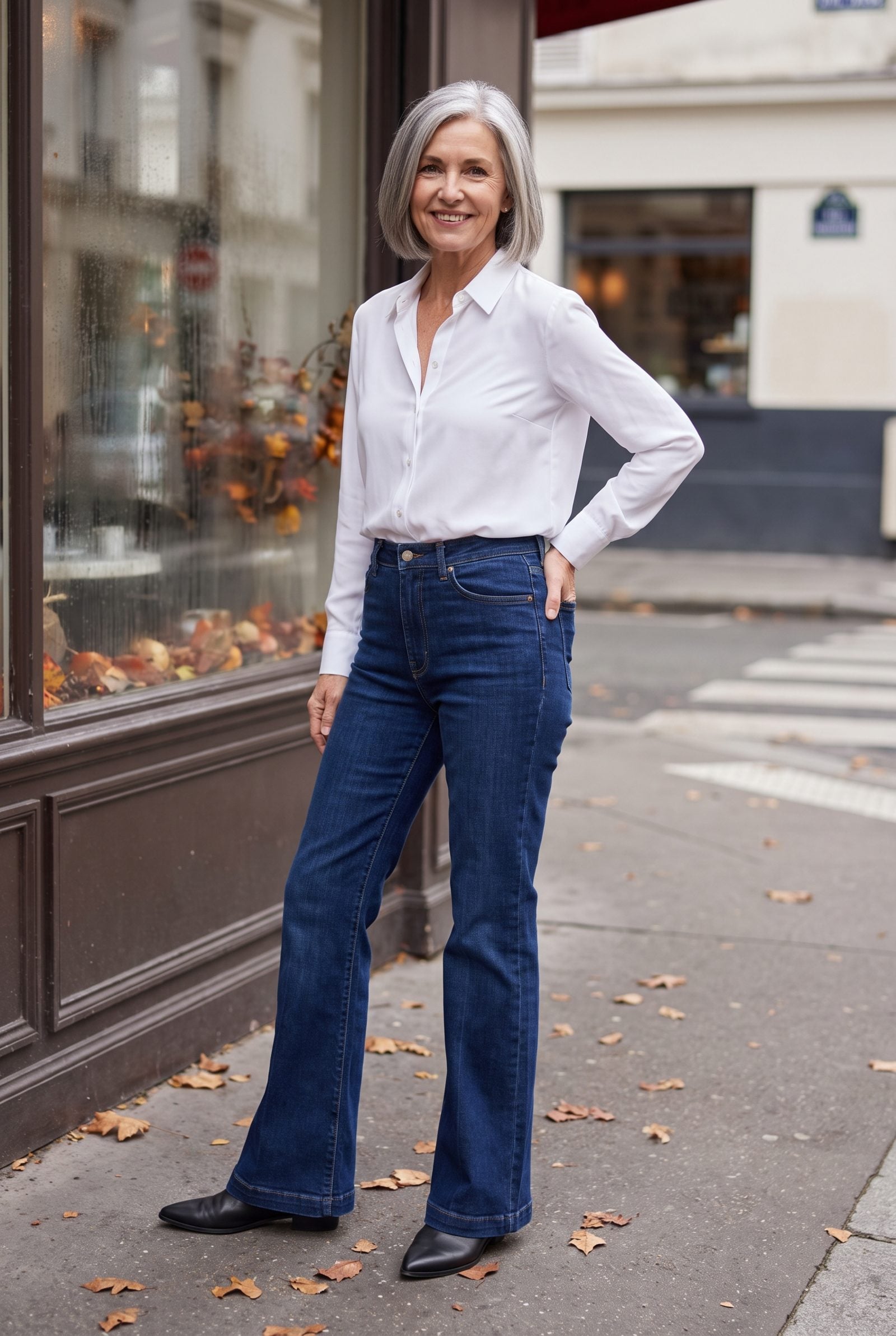 High-Waisted Flare Jeans with Platform-Free Pointed Boots