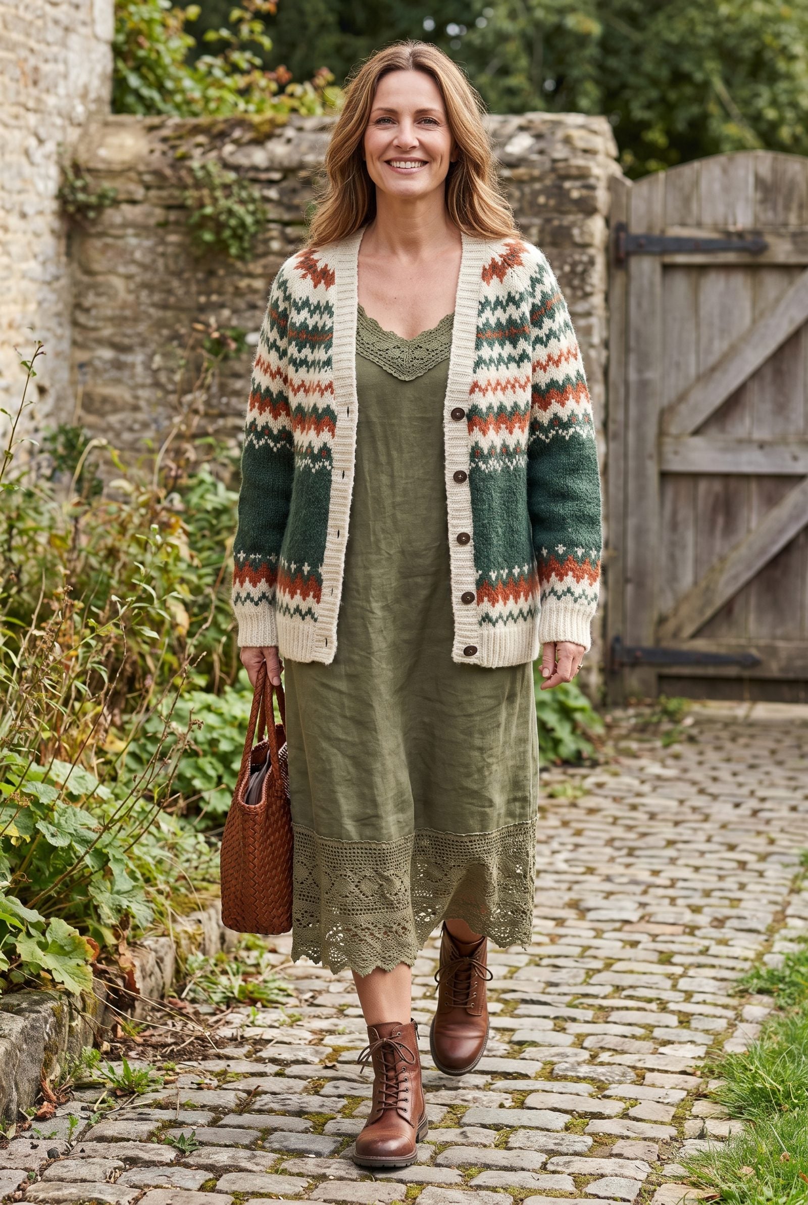 Holiday Cardigan Over a Lace-Trimmed Slip Dress