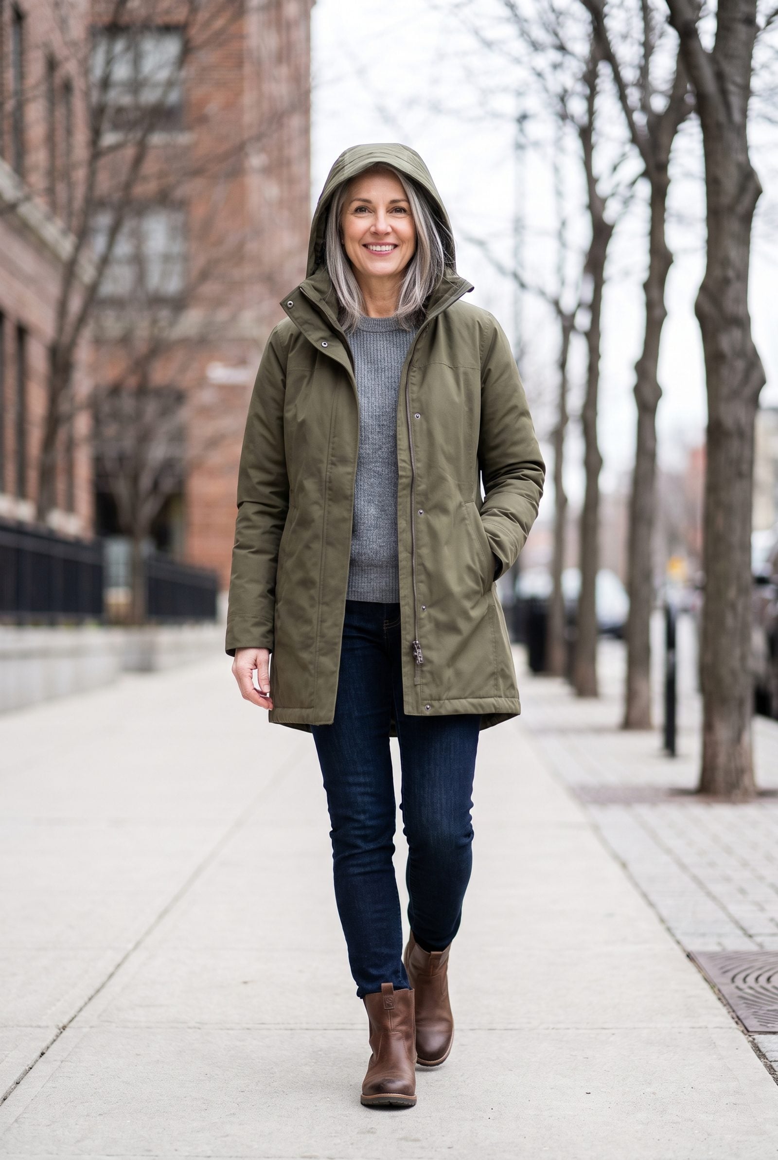 Woman on a park path in an olive-green hooded parka with the hood pulled up over her hair.