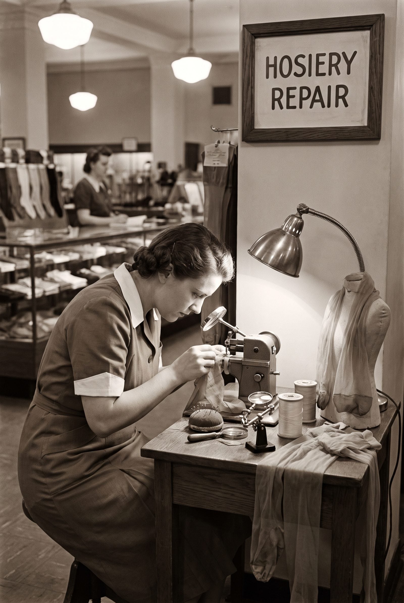 Hosiery-Mending Desks That Repaired Runs and Snags
