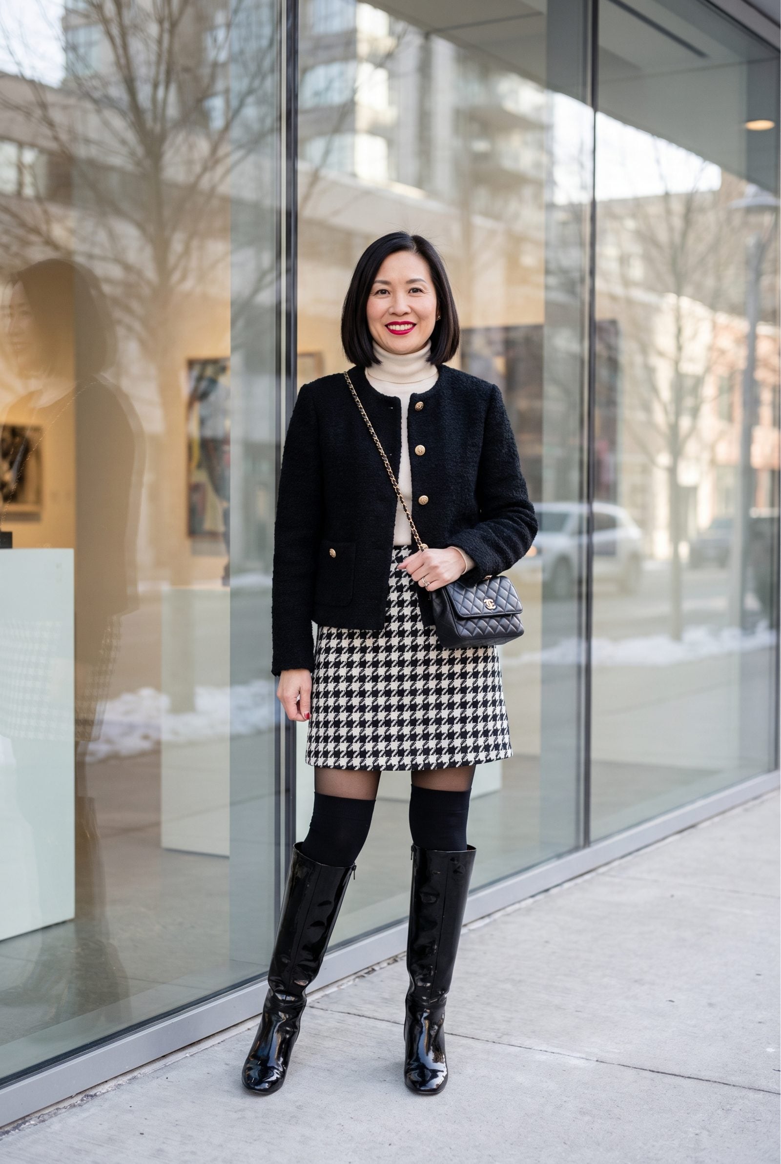 Houndstooth Mini Skirt With Patent Knee-High Boots