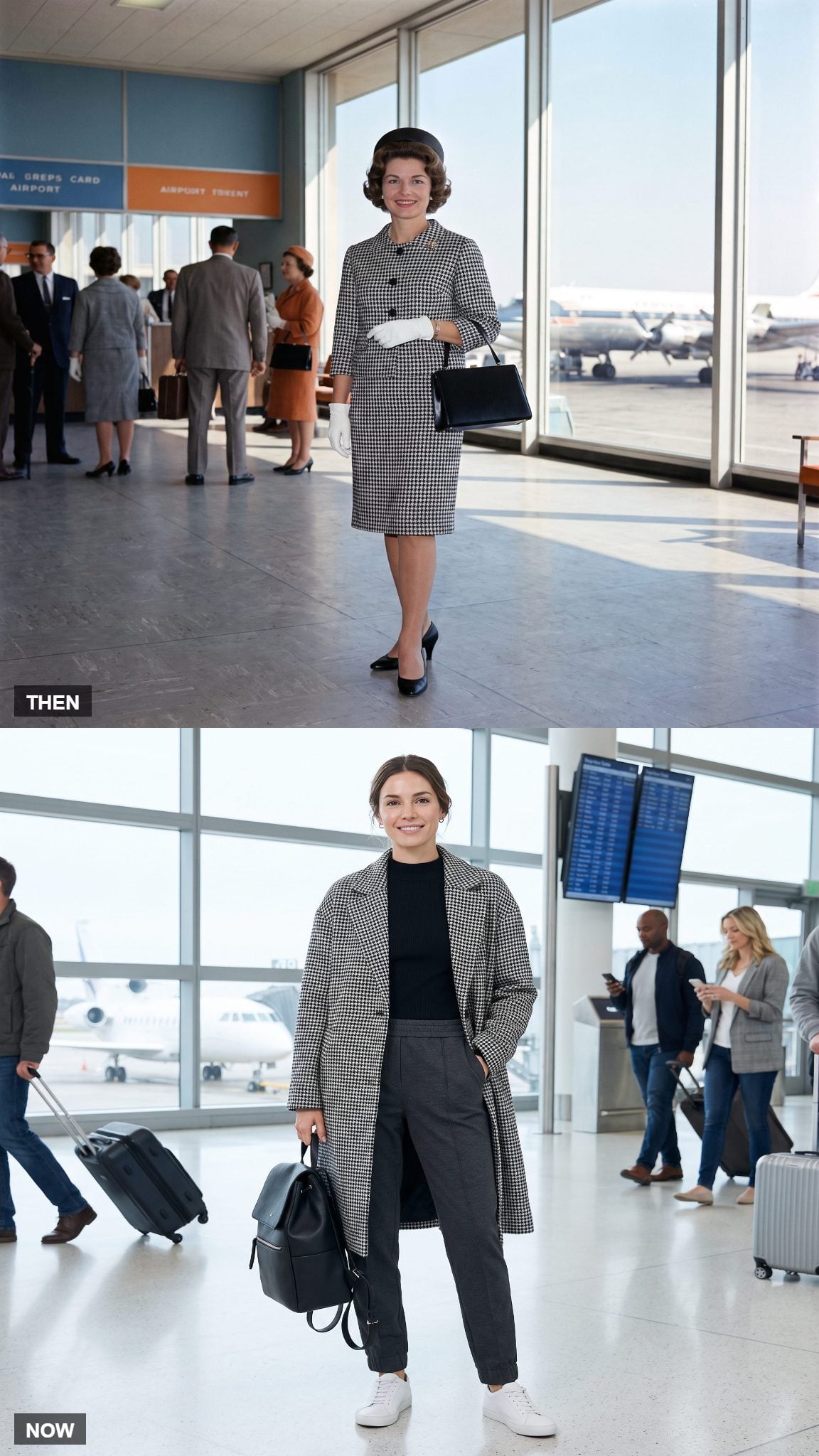 Vintage houndstooth skirt suit compared with a modern houndstooth travel coat