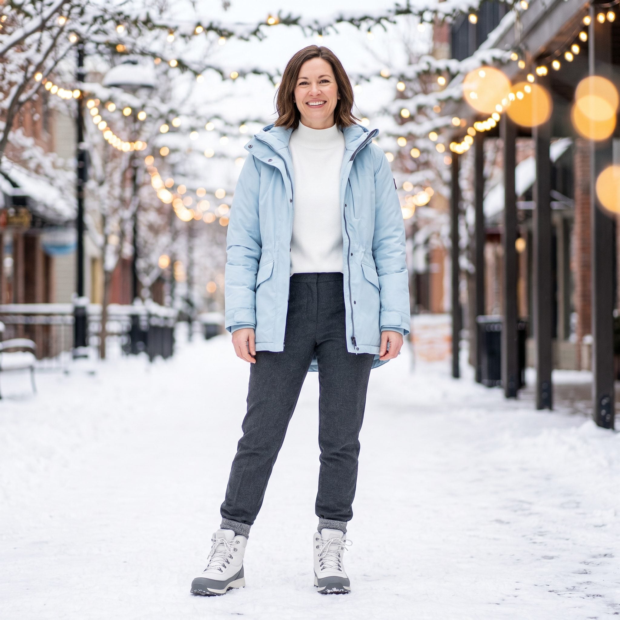 Ice-blue anorak with graphite tailored trousers and white winter boots