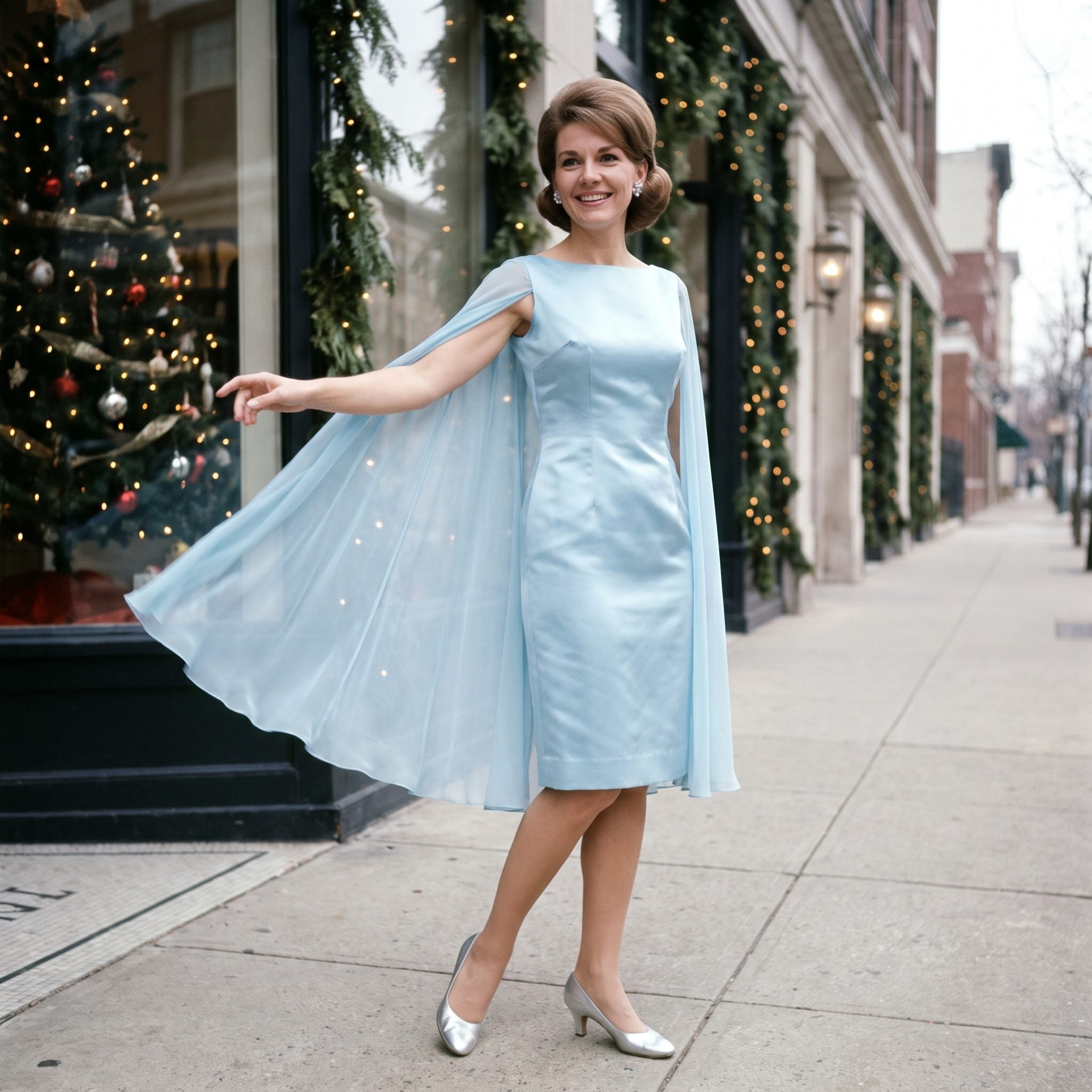Ice-Blue Chiffon Cape Dress