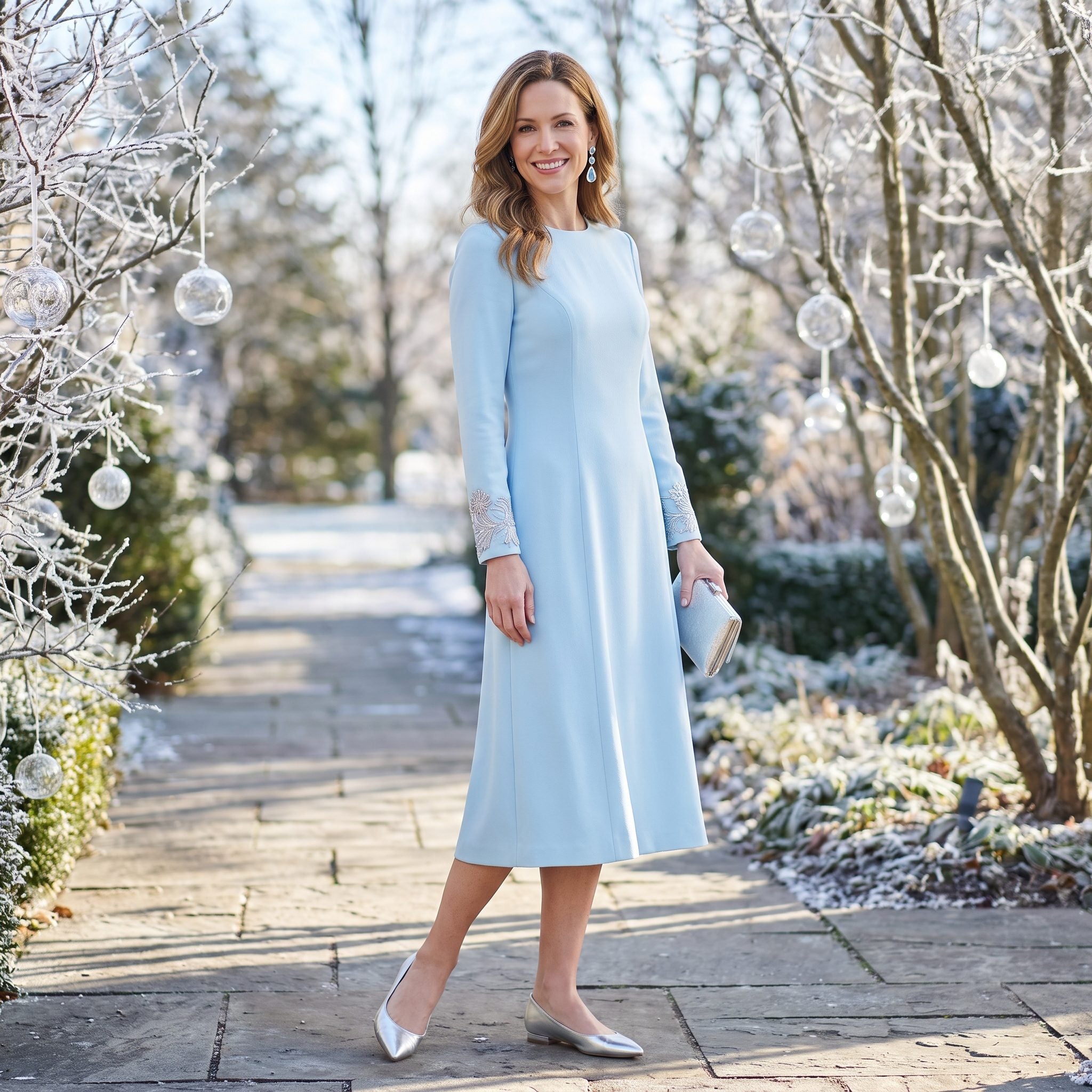 Ice-blue crepe dress with silver embroidery at the cuffs
