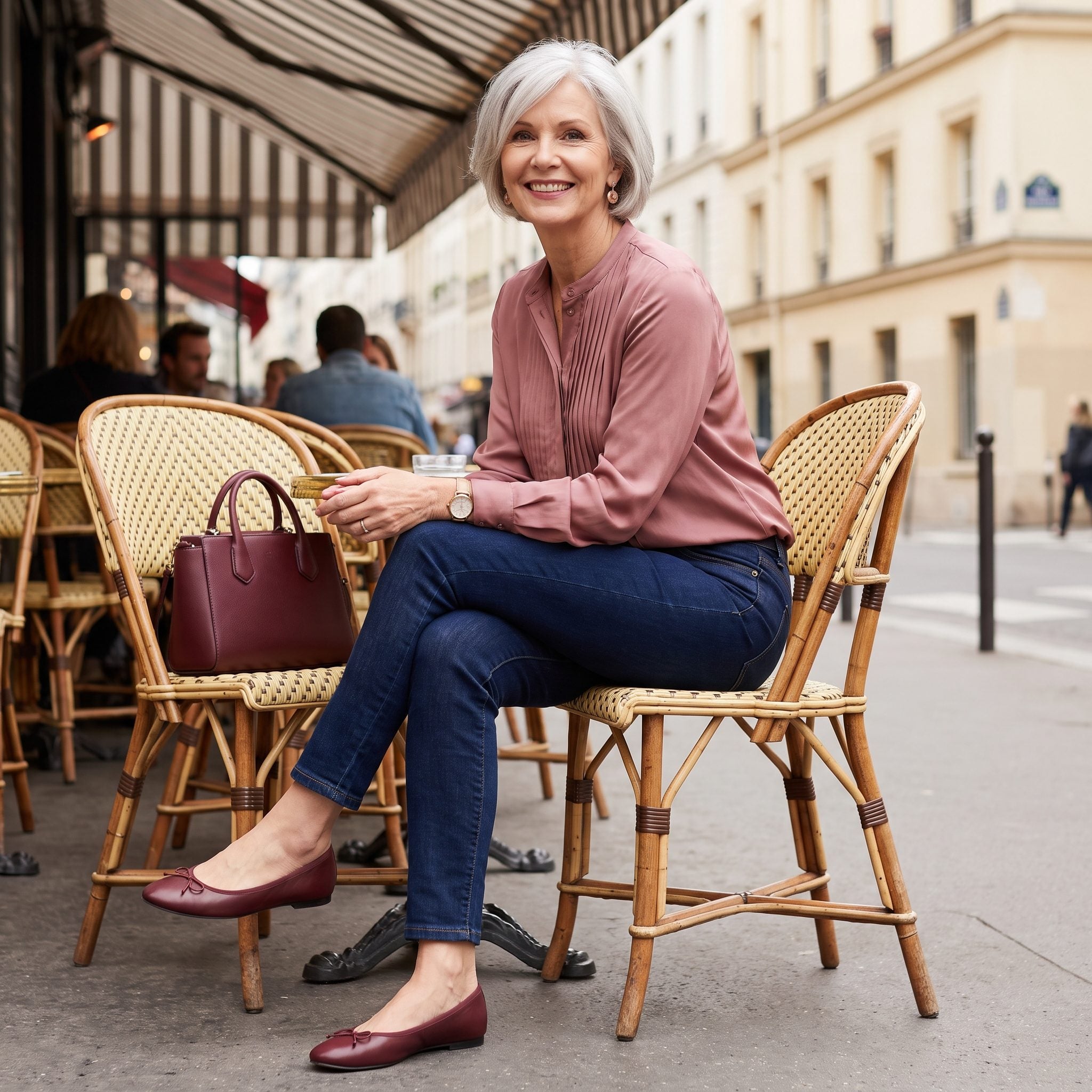 Indigo Ankle Jeans + a Dusty-Rose Silk Blouse