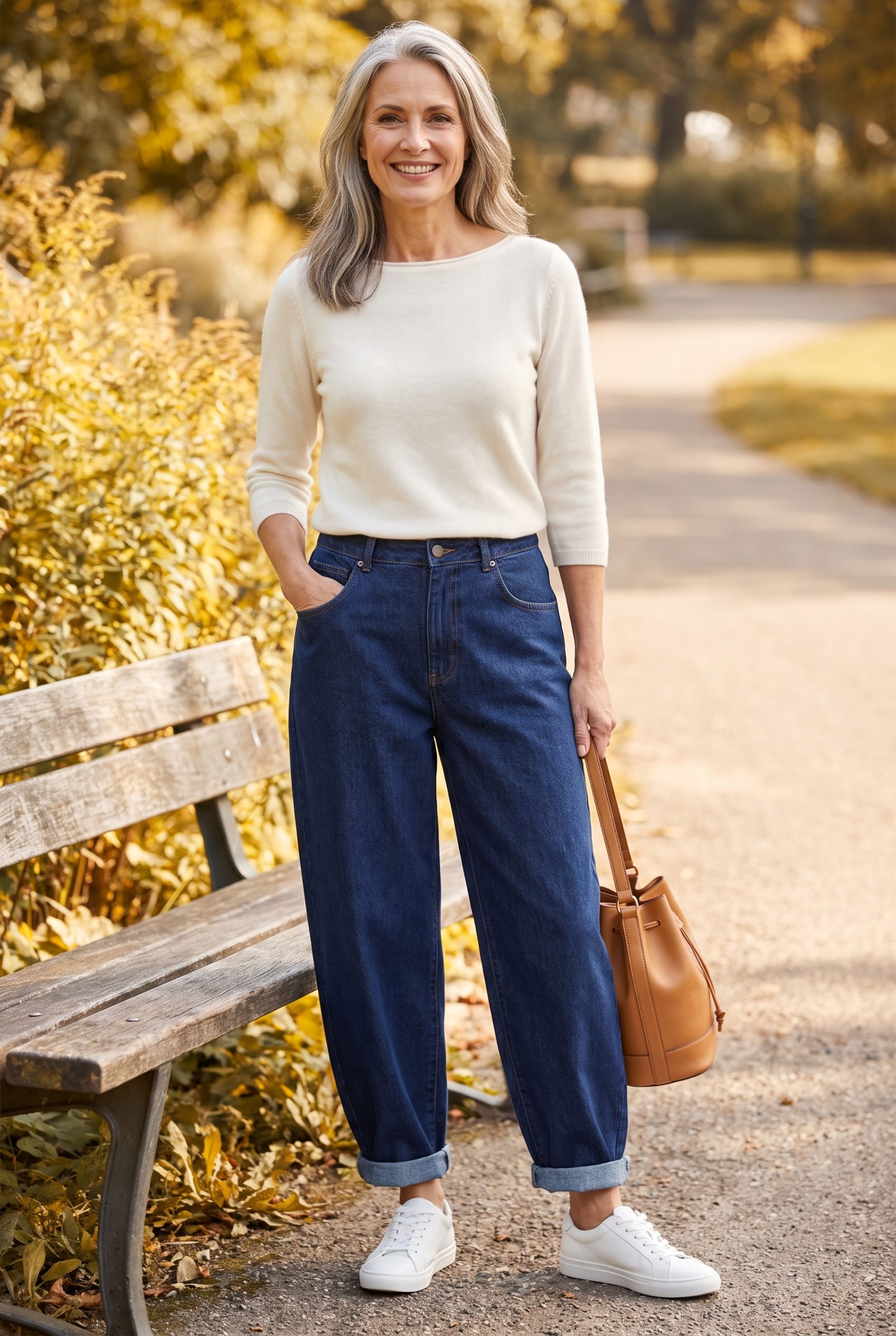 Indigo Balloon Jeans + Ivory Boatneck Sweater