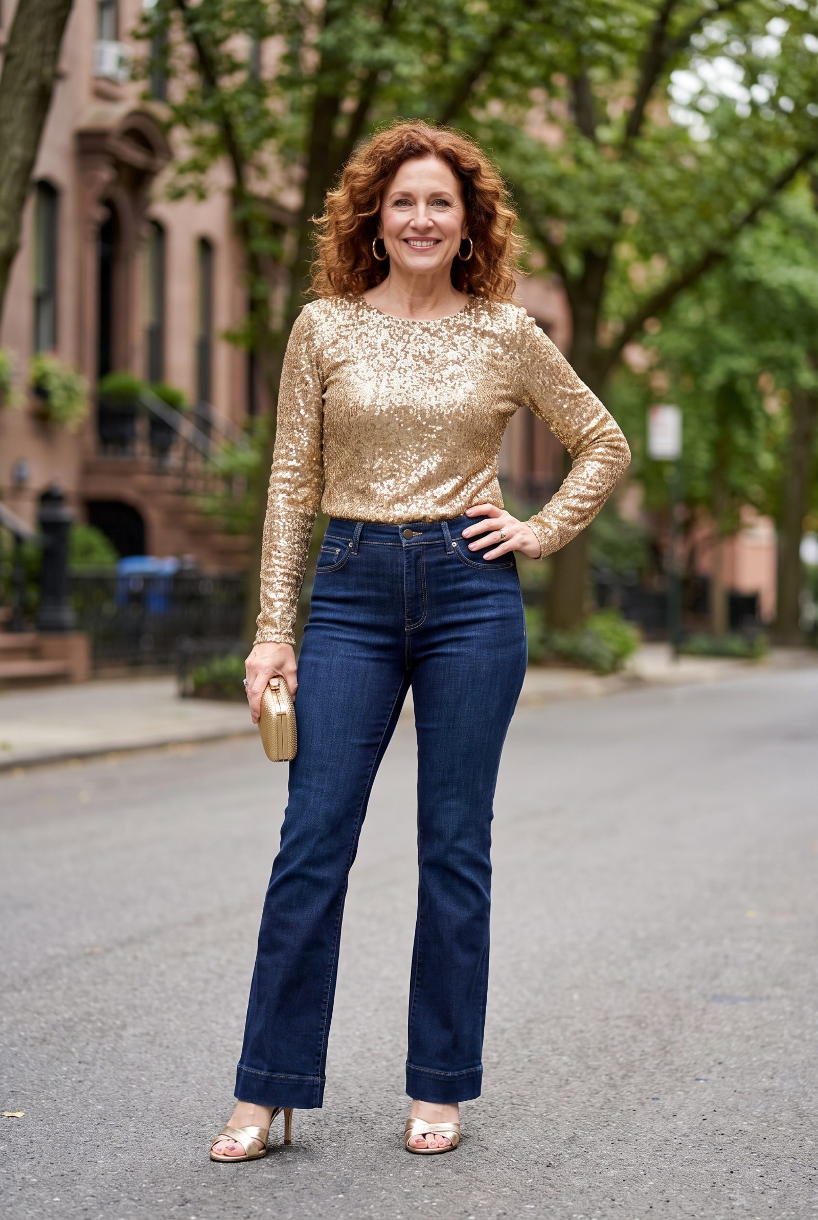 Indigo Bootcut Jeans With a Gold Sequin Top
