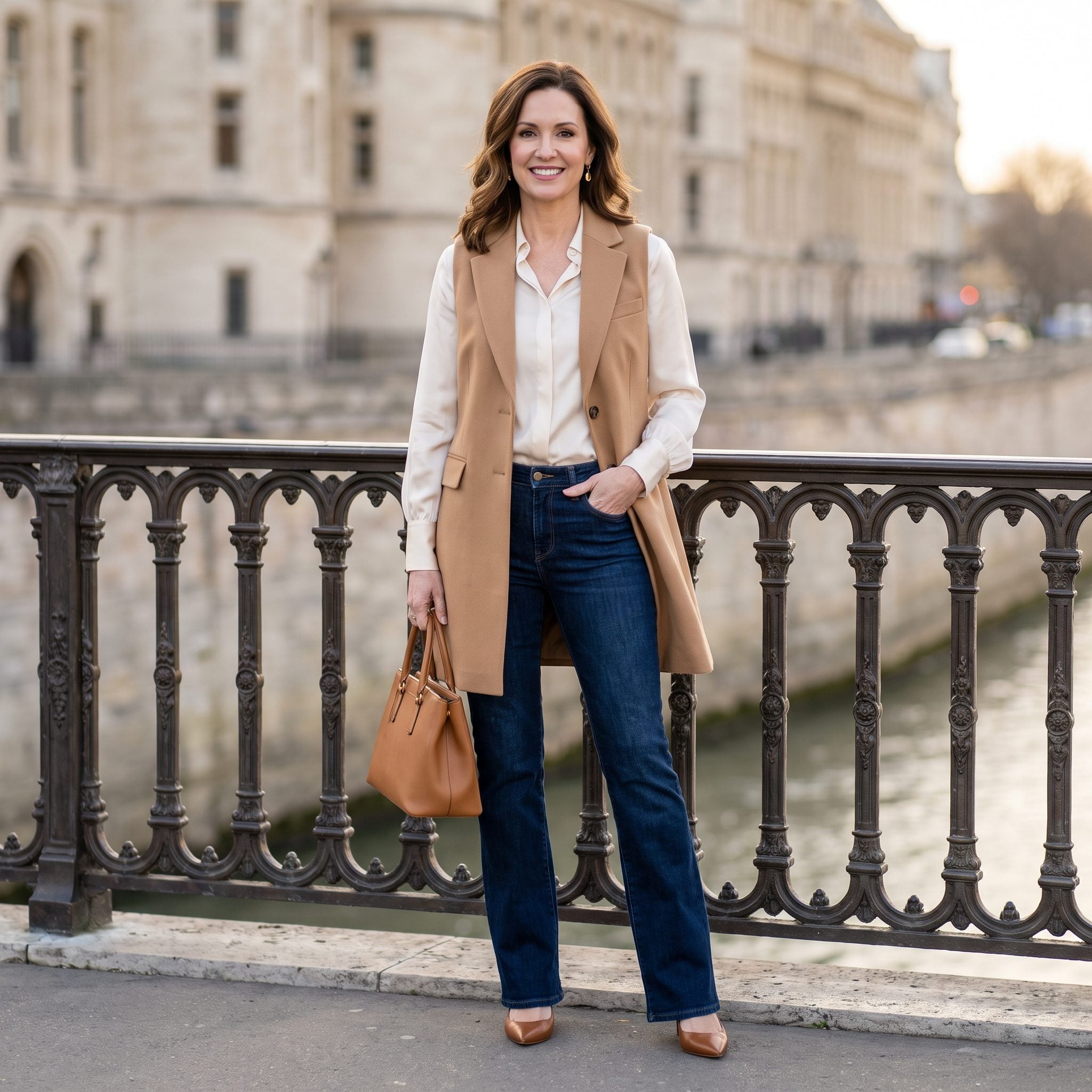 Indigo Bootcuts + a Camel Longline Waistcoat