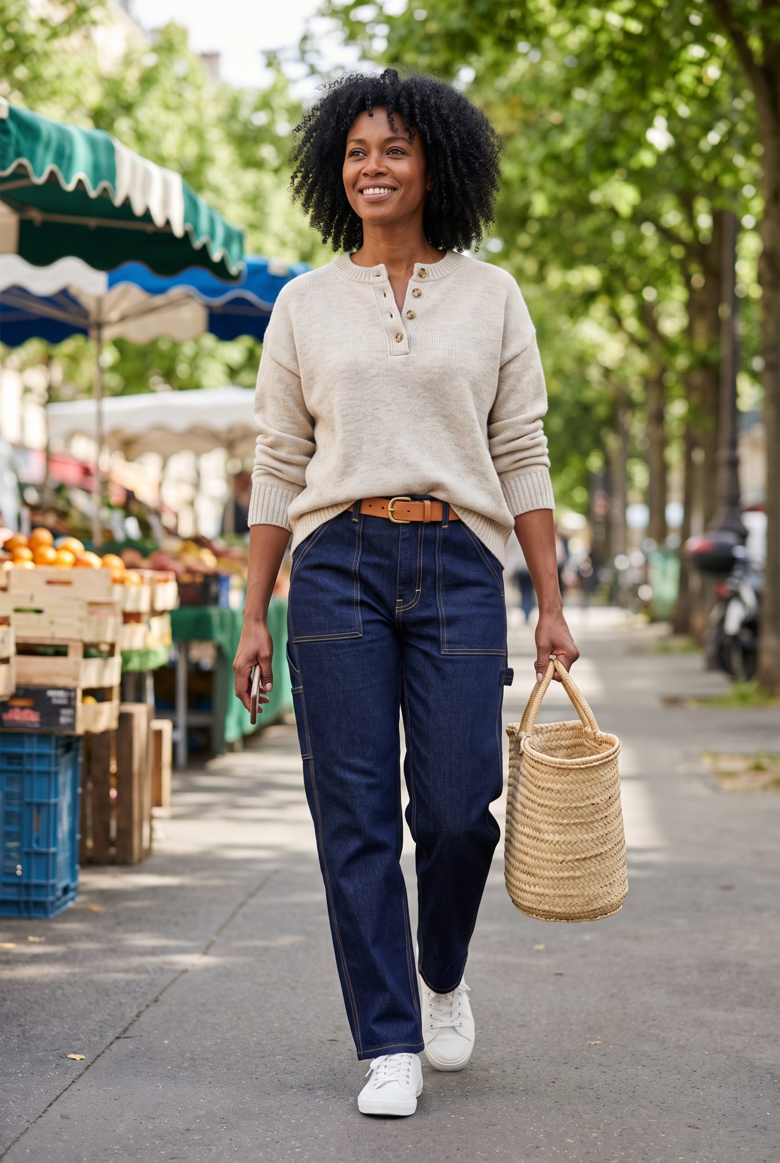 Indigo Carpenter Jeans + Oatmeal Henley Knit