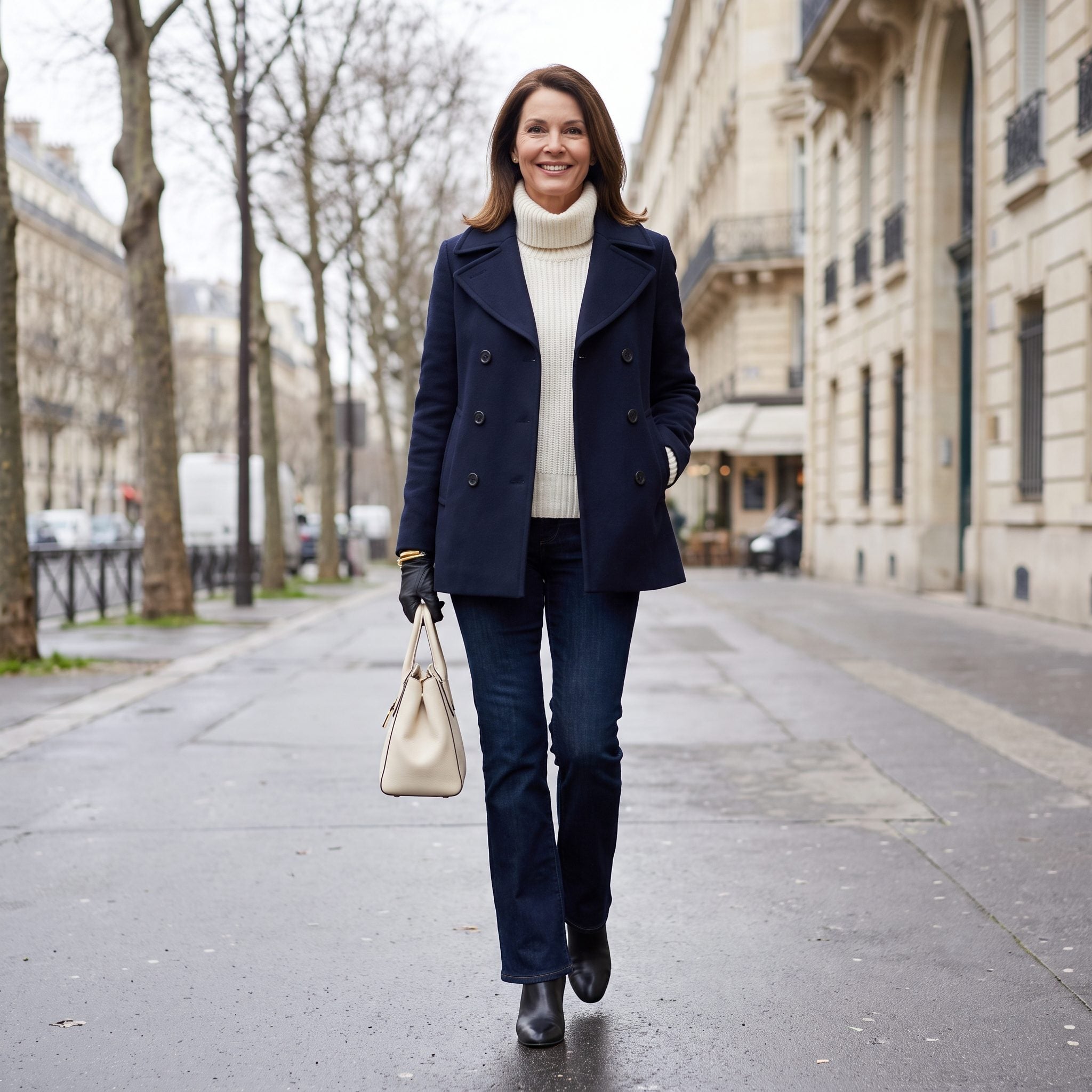 Indigo Flares + a Navy Peacoat