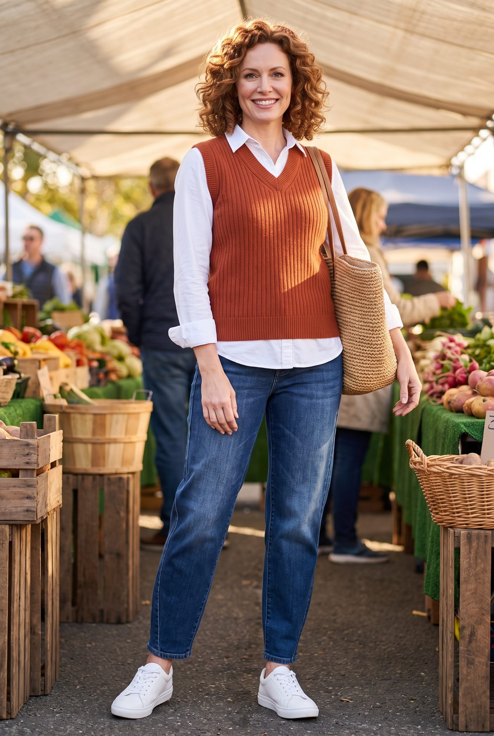 Indigo Horseshoe Jeans + Rust Sweater Vest