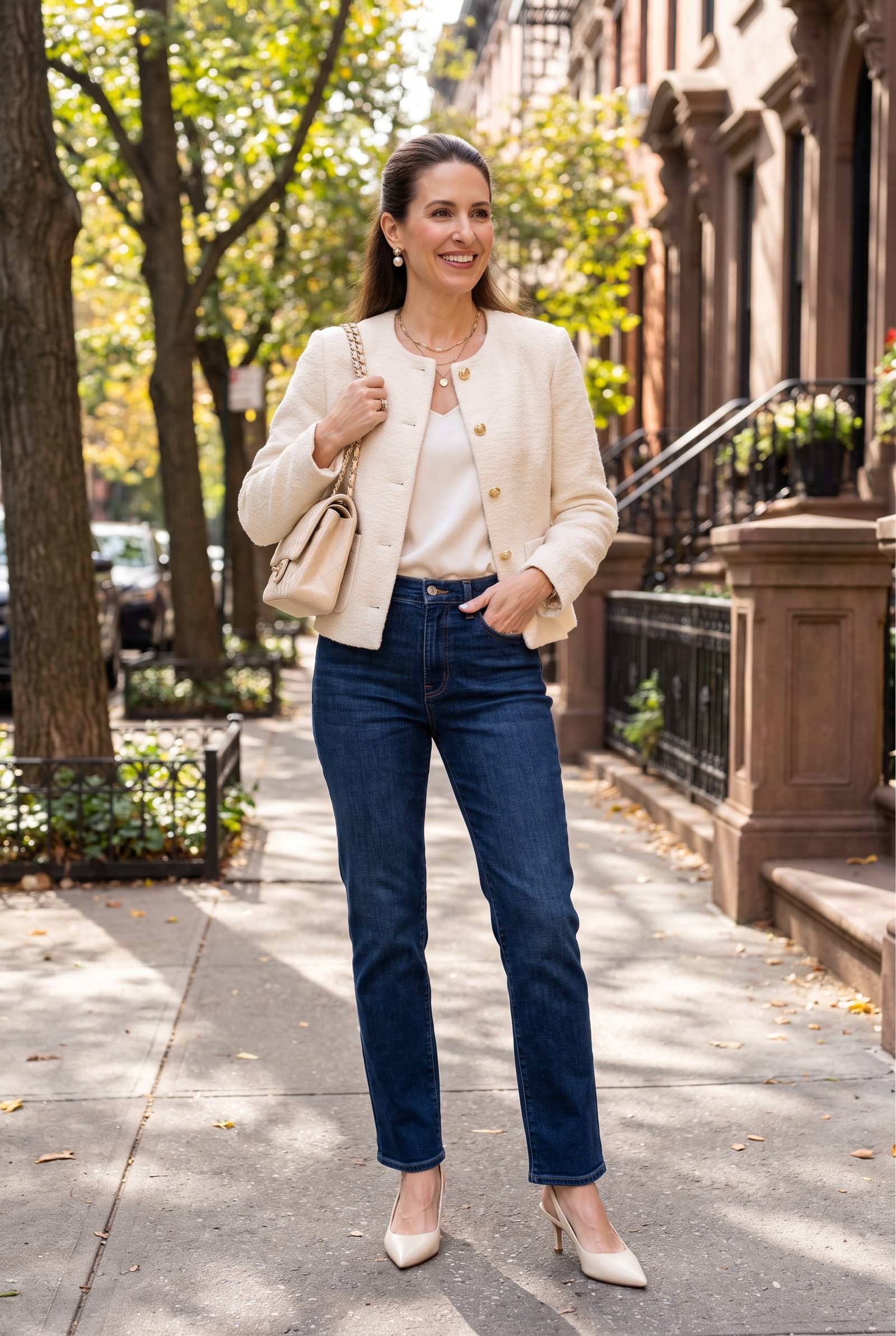 Indigo Jeans With a Cream Bouclé Jacket
