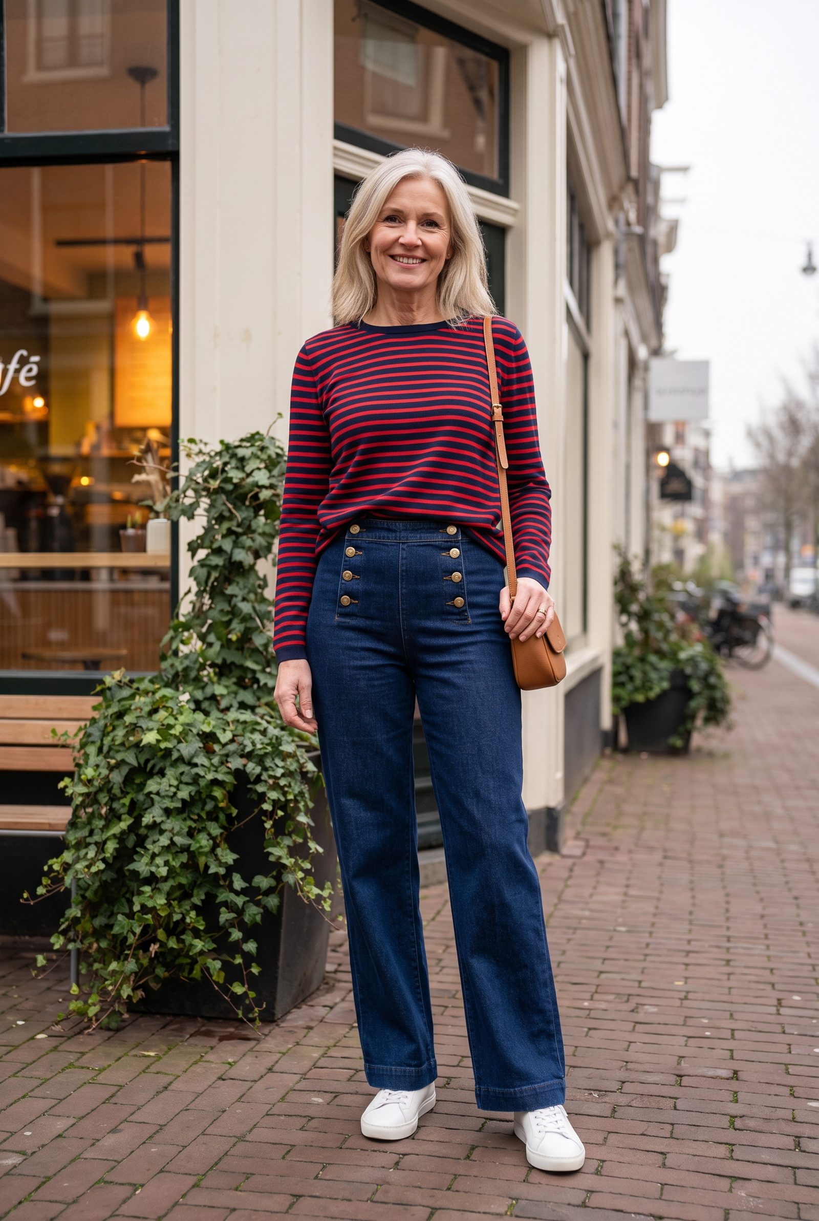 Indigo Sailor Jeans + Red-and-Navy Striped Sweater