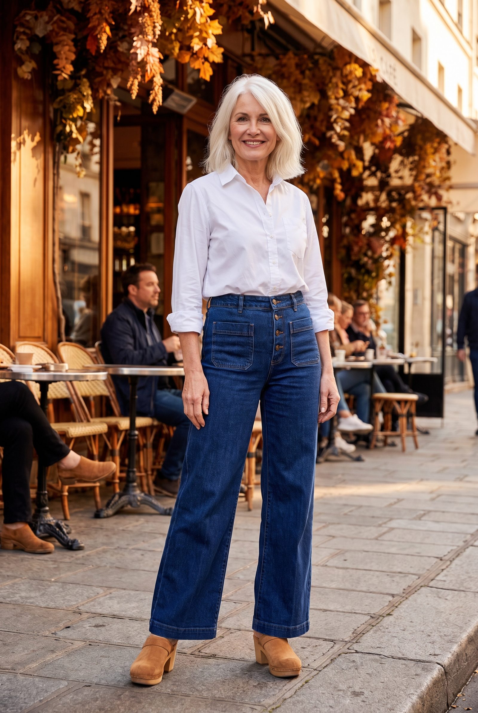 Indigo Sailor Jeans With Tan Heeled Clogs