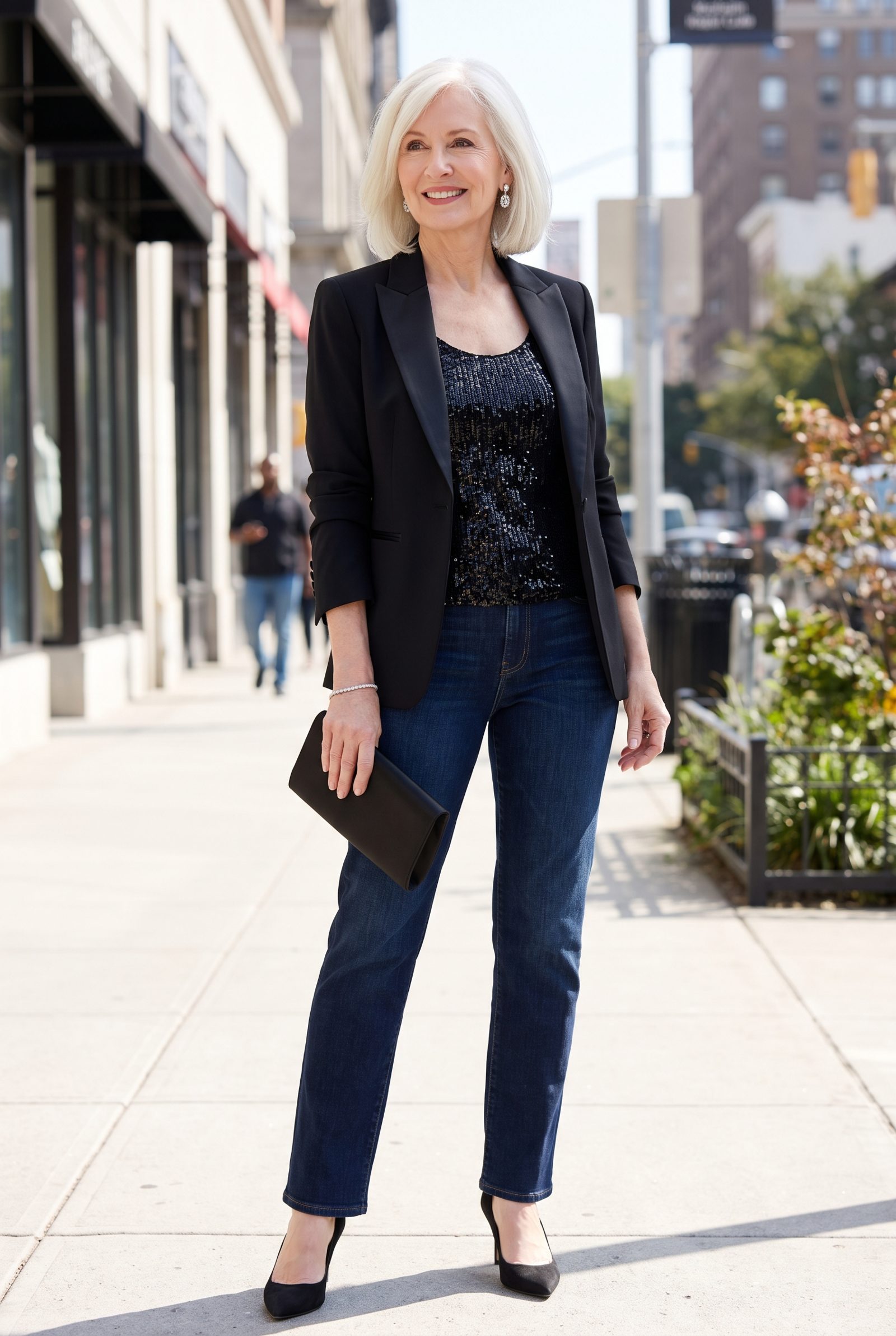 Indigo Straight-Leg Jeans With a Black Sequin Tank and Tuxedo Jacket