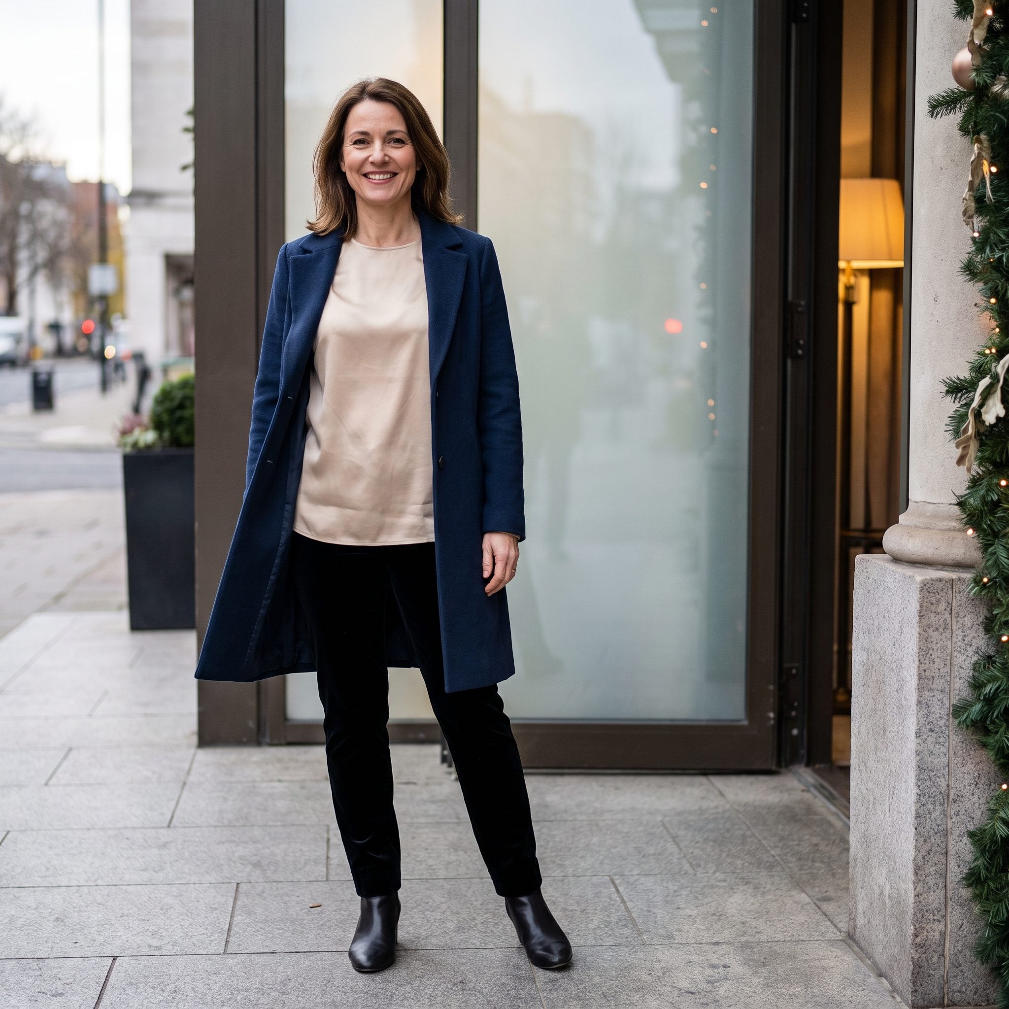 Woman in a champagne tunic and black velvet trousers under an open knee-length ink-blue coat