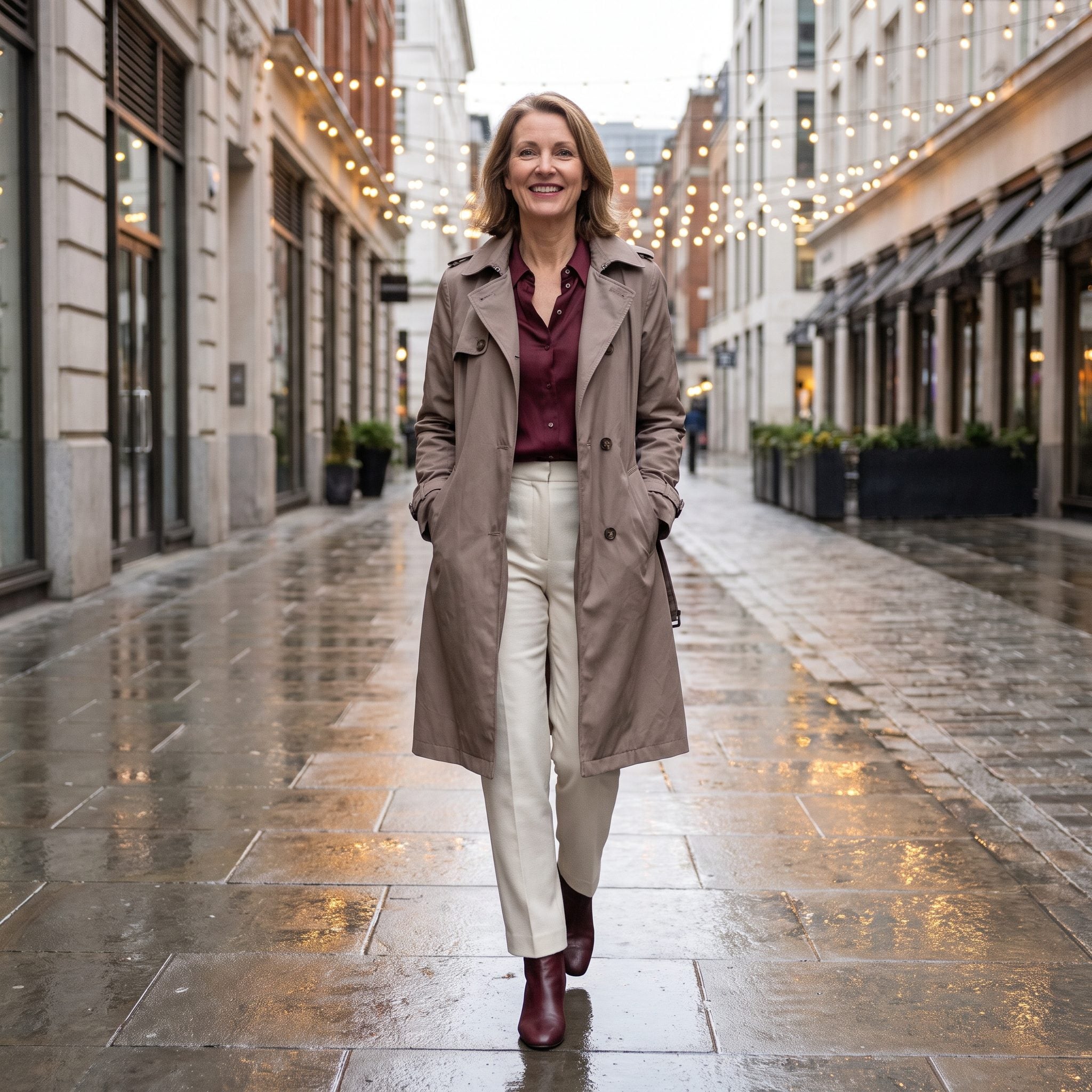 Woman in a taupe insulated trench over a burgundy shirt and ivory trousers on a wet street