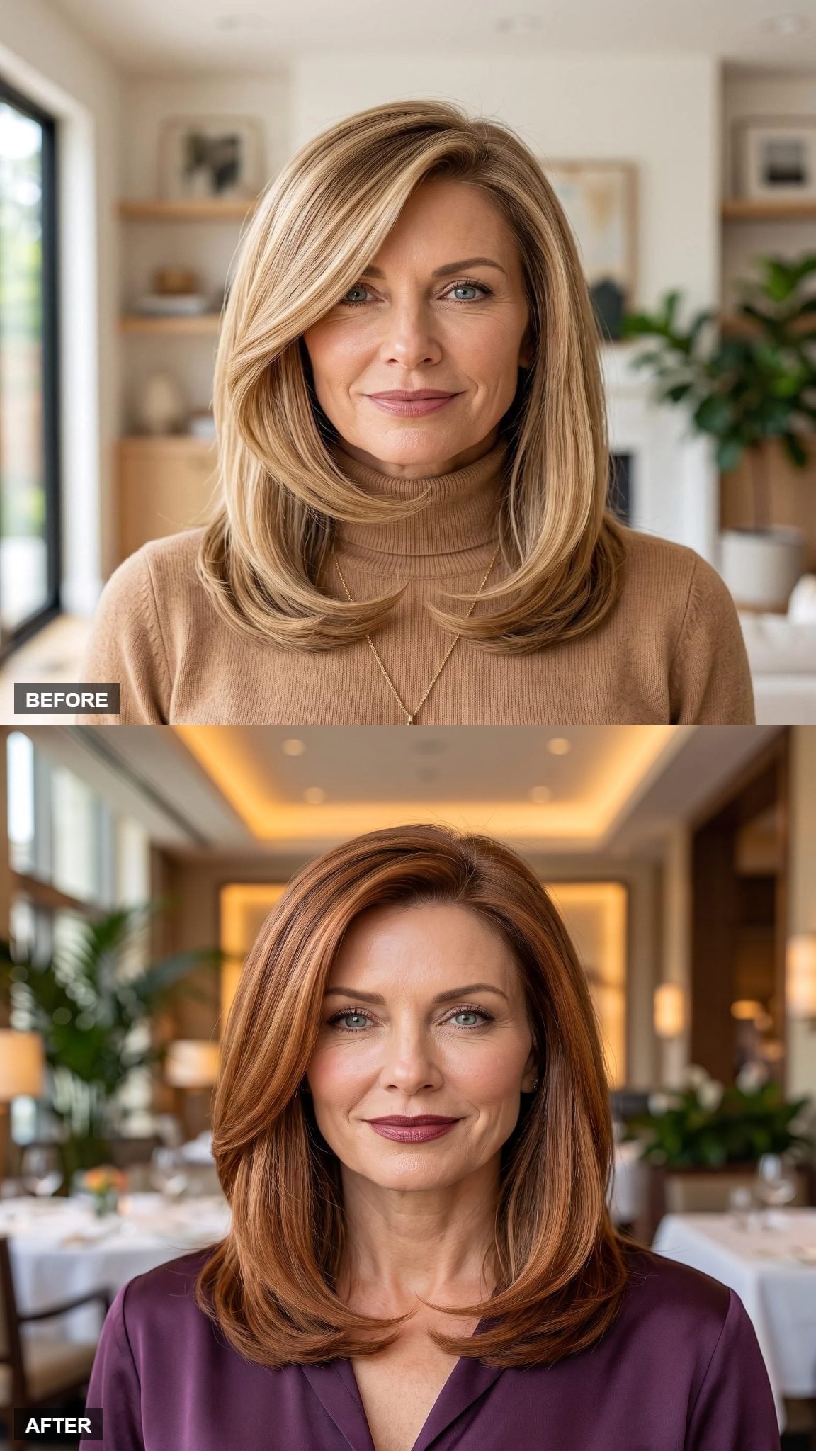 Full shoulder-length auburn hairstyle with copper highlights and plum blazer